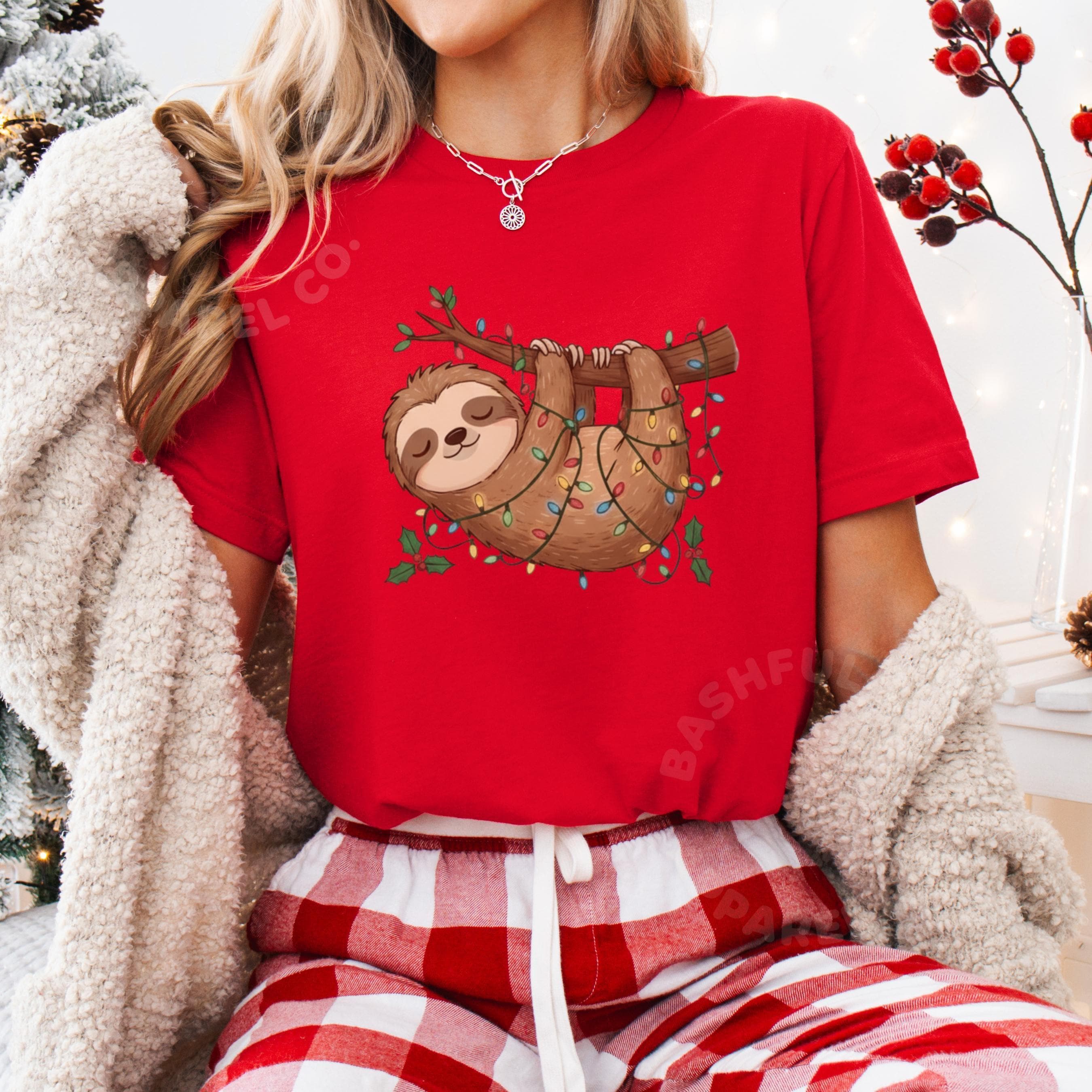 Christmas Sloth, Holiday Christmas Pajama Top Shirt, Cute Sloth Gift, Christmas Tree Ornament, Cozy Casual Wear, Holiday Gift Idea