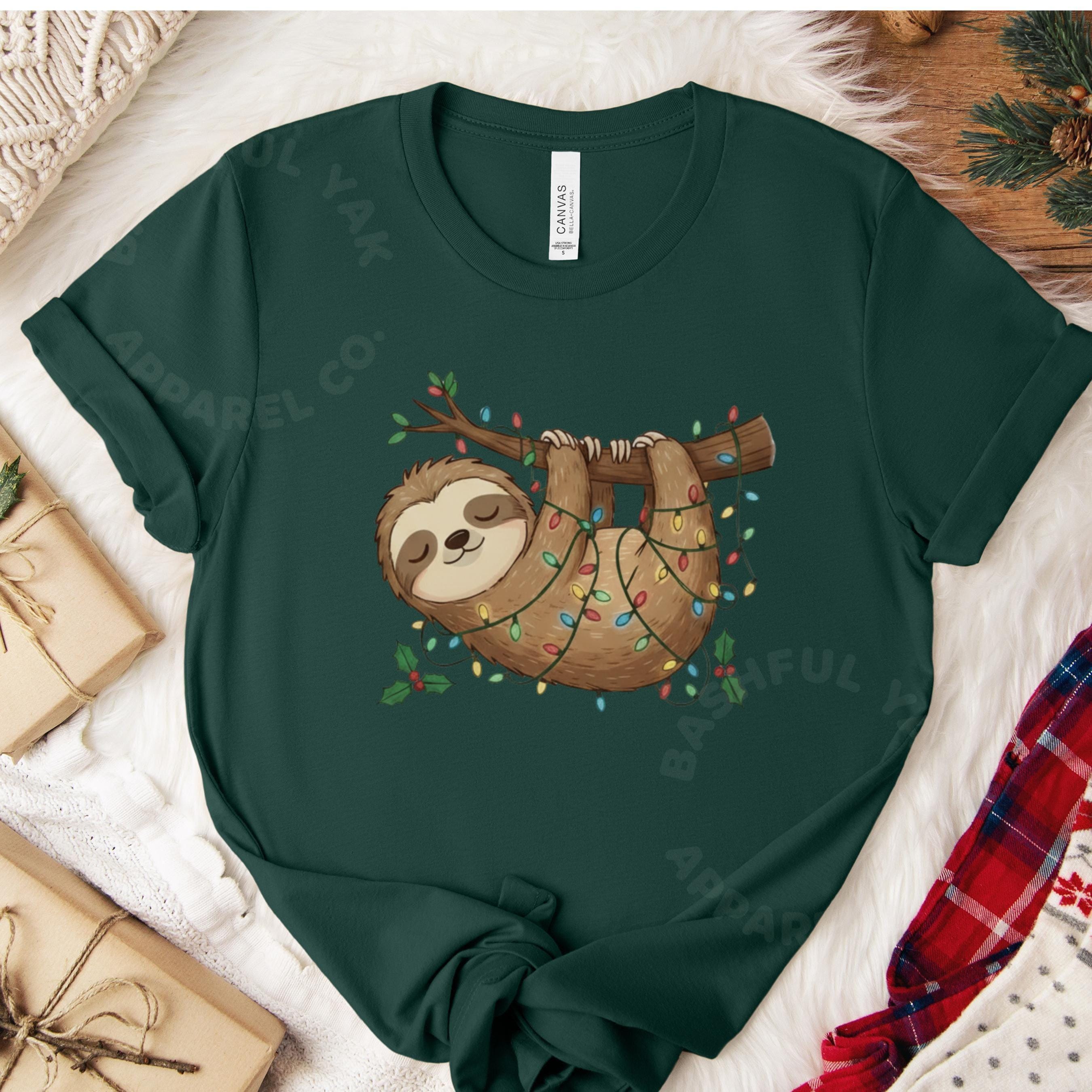 Christmas Sloth, Holiday Christmas Pajama Top Shirt, Cute Sloth Gift, Christmas Tree Ornament, Cozy Casual Wear, Holiday Gift Idea