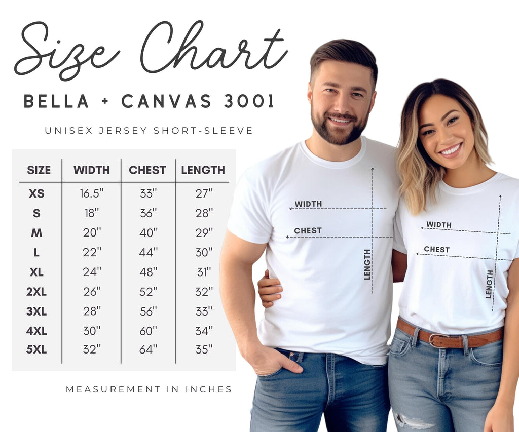 a man and a woman standing next to each other, both wearing white t-shirts with size charts and measurements.