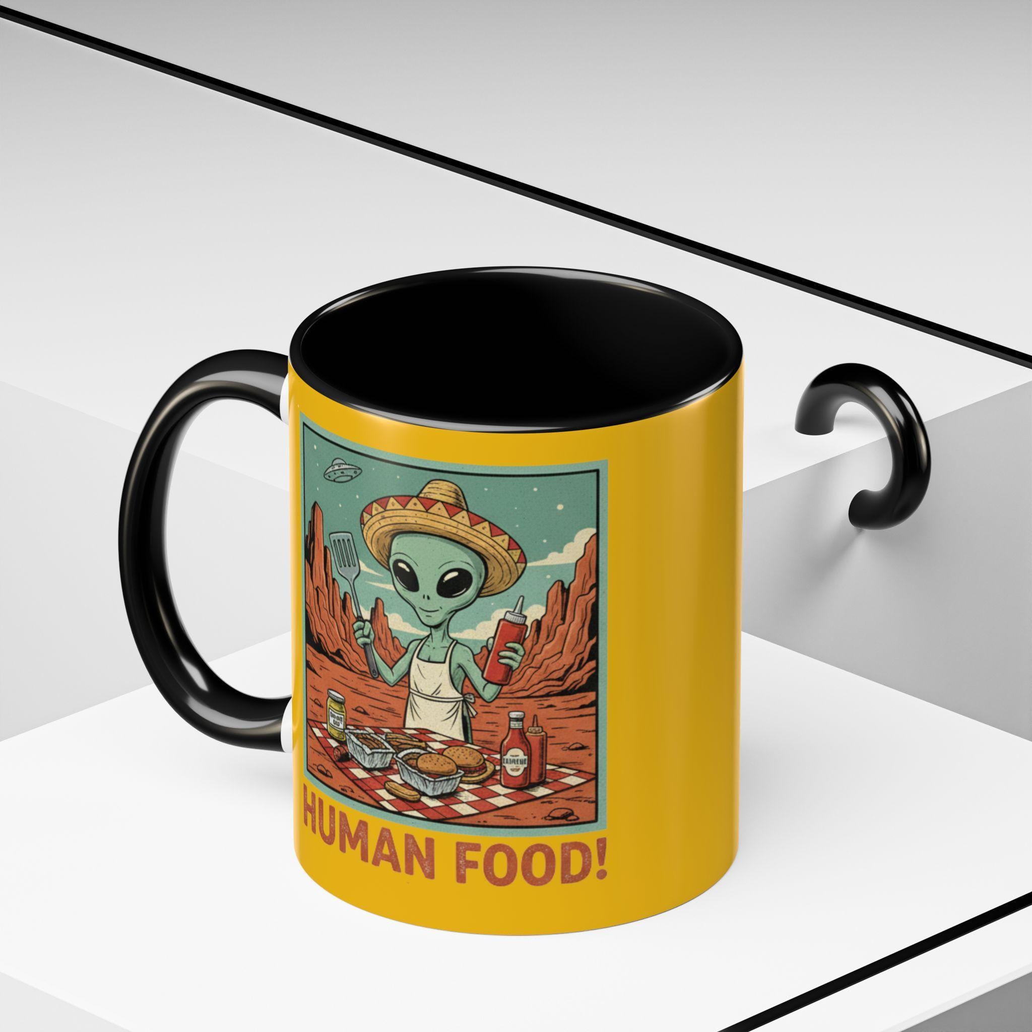 Alien Chef Mug, Funny Alien Mug, Human Food Mug, Space Mug, Novelty Gift Mug, BBQ Mug, Alien BBQ Gift, Cartoon Mug, Unique Mug
