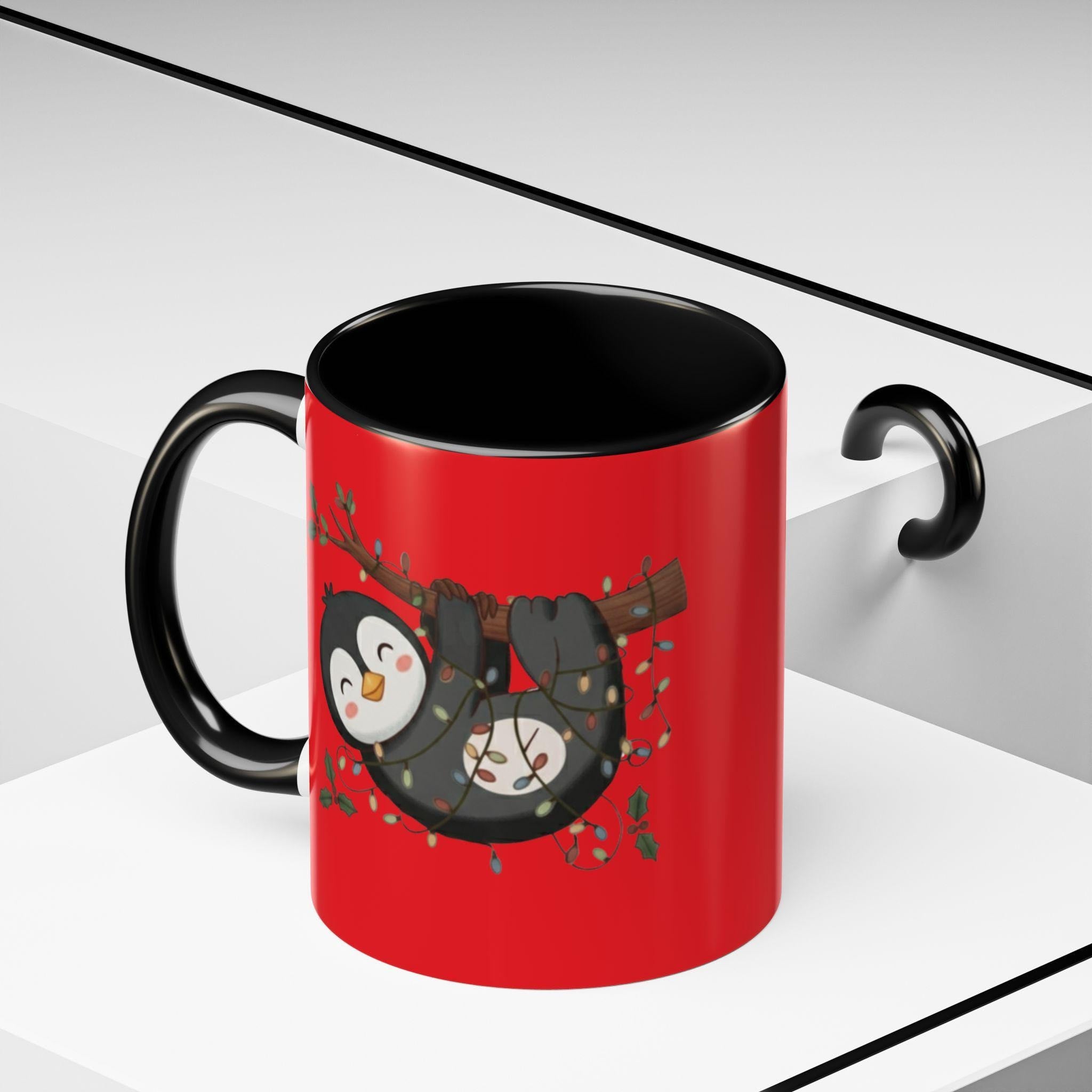 Penguin Sloth Mug, Cute Animal Gift, Holiday Lights, Unique Mug, Coffee Lover Gift, Festive Drinkware, Novelty Mug, Christmas Decoration
