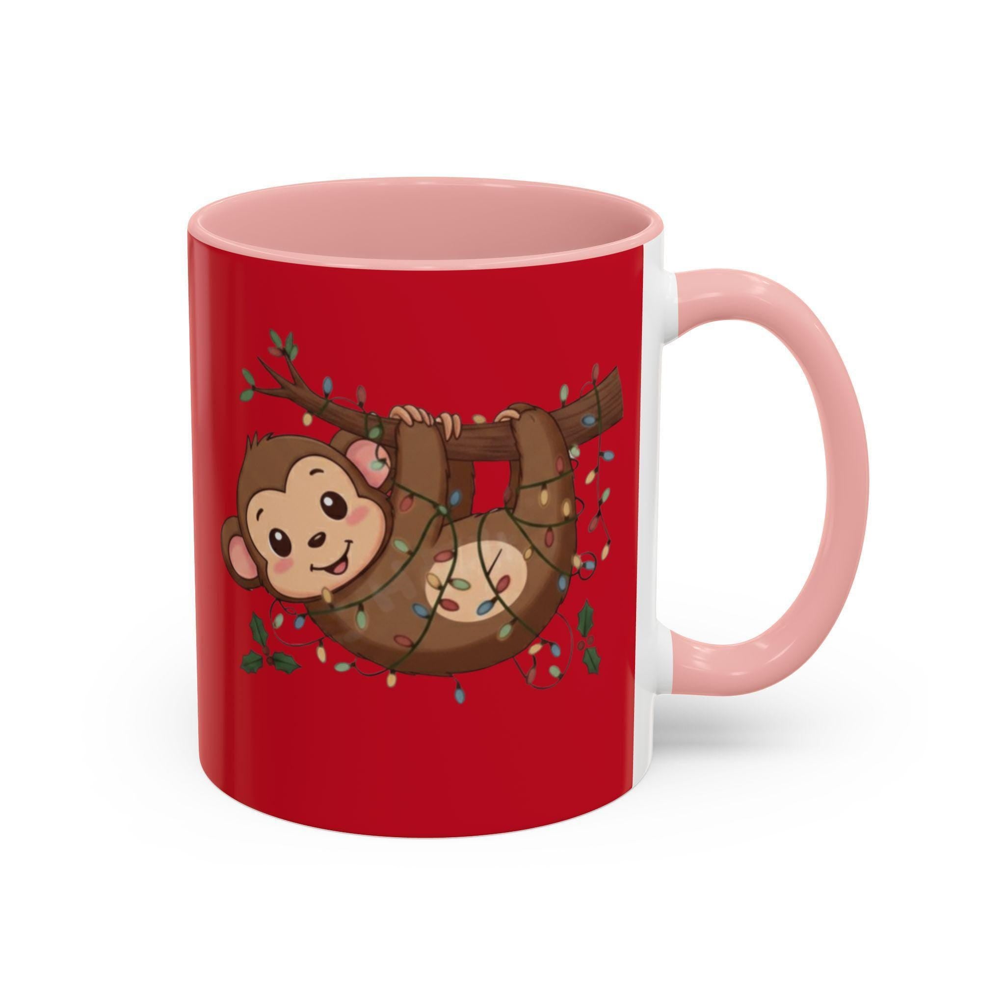 Cute Monkey Mug, Hanging Sloth, Christmas Lights, Funny Animal Coffee Mug, Gift Idea