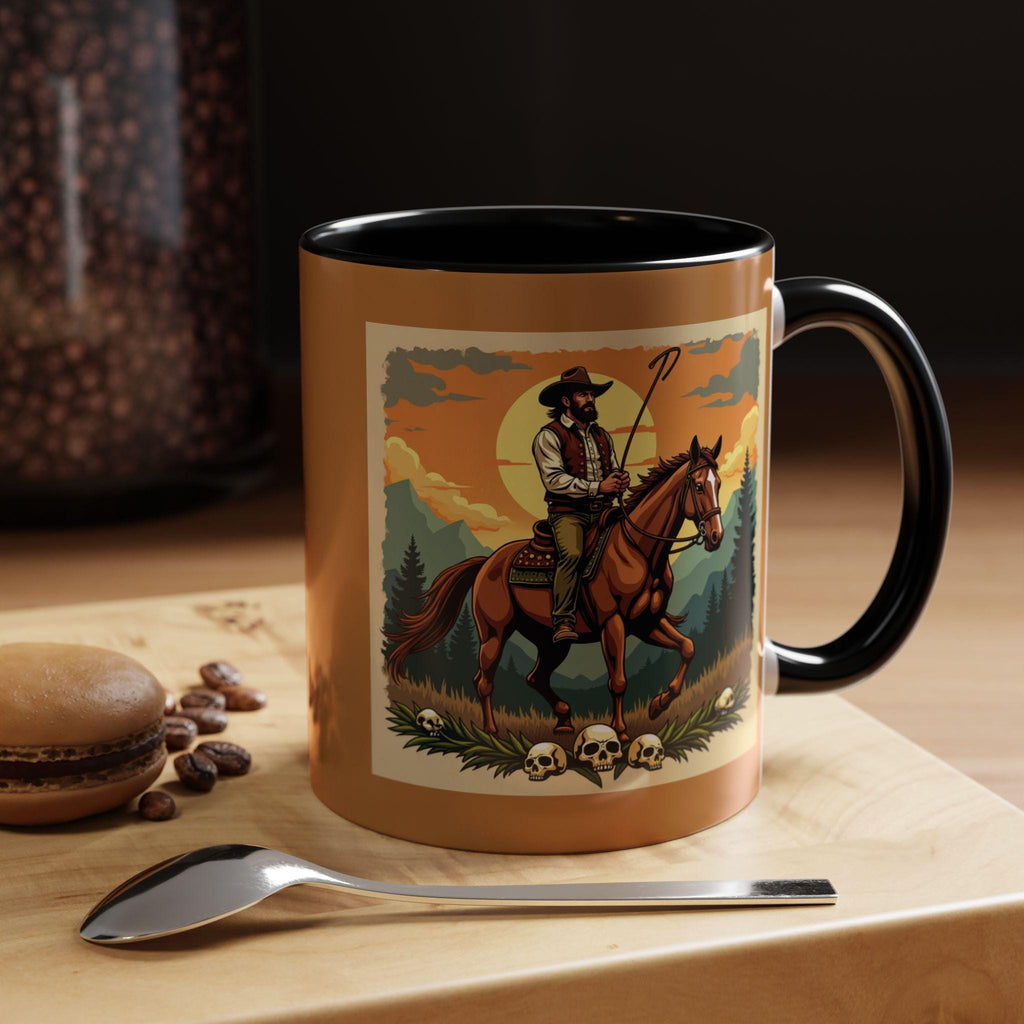 Cowboy Rider Mug, Western Art Mug, Horse Lover Gift, Skull Accent Mug, Unique Coffee Cup, Wild West Design Mug, Rider Coffee Mug, Western