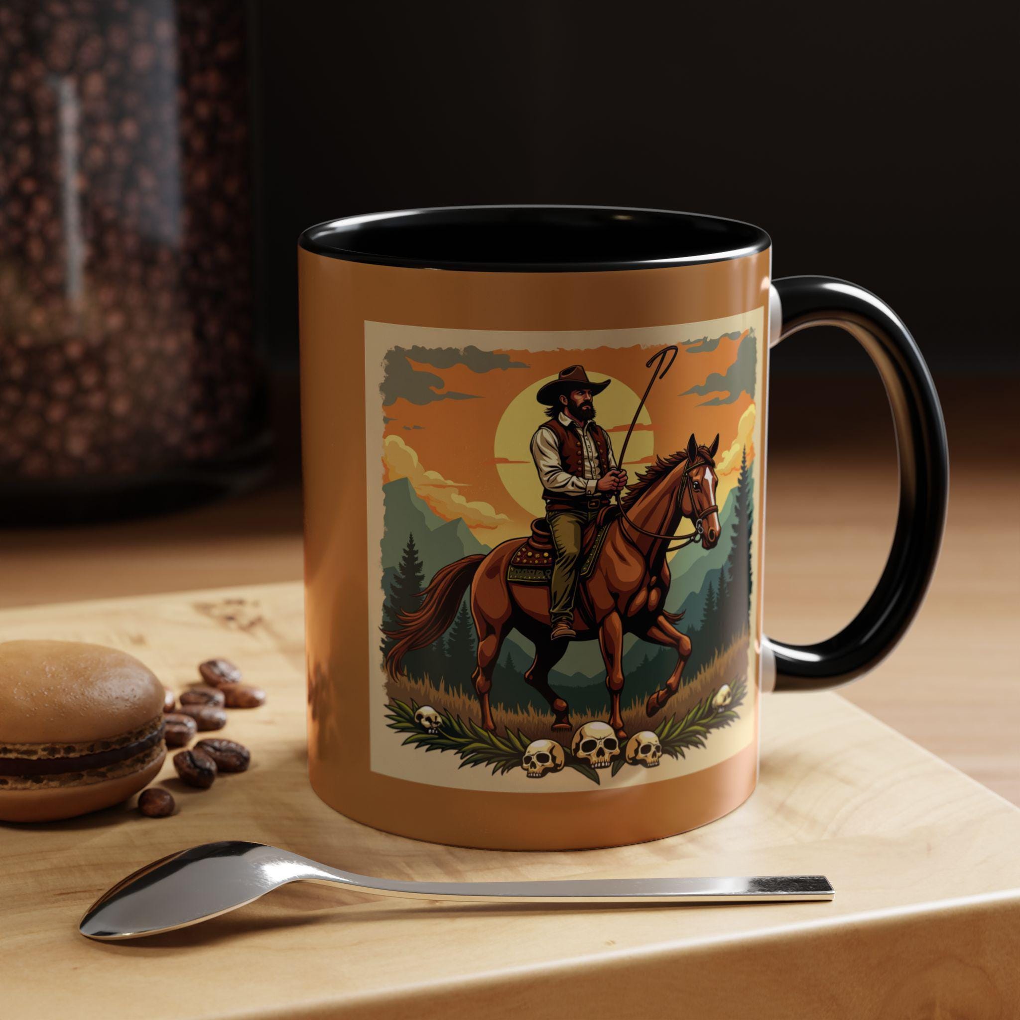 Cowboy Rider Mug, Western Art Mug, Horse Lover Gift, Skull Accent Mug, Unique Coffee Cup, Wild West Design Mug, Rider Coffee Mug, Western