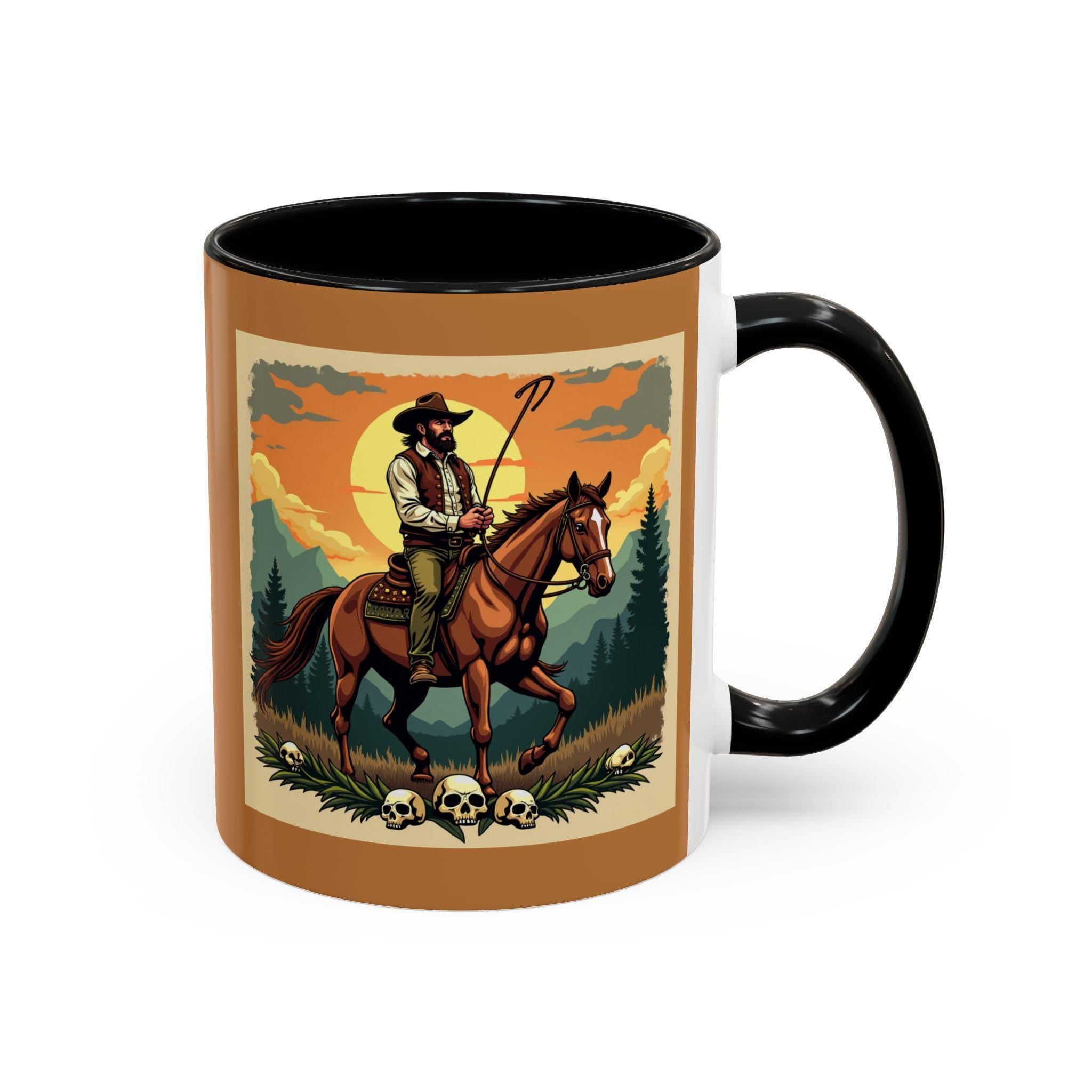 Cowboy Rider Mug, Western Art Mug, Horse Lover Gift, Skull Accent Mug, Unique Coffee Cup, Wild West Design Mug, Rider Coffee Mug, Western