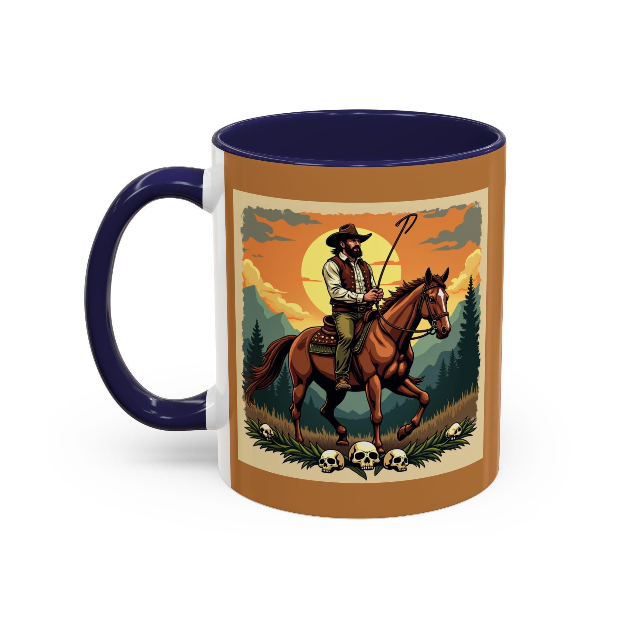 Cowboy Rider Mug, Western Art Mug, Horse Lover Gift, Skull Accent Mug, Unique Coffee Cup, Wild West Design Mug, Rider Coffee Mug, Western