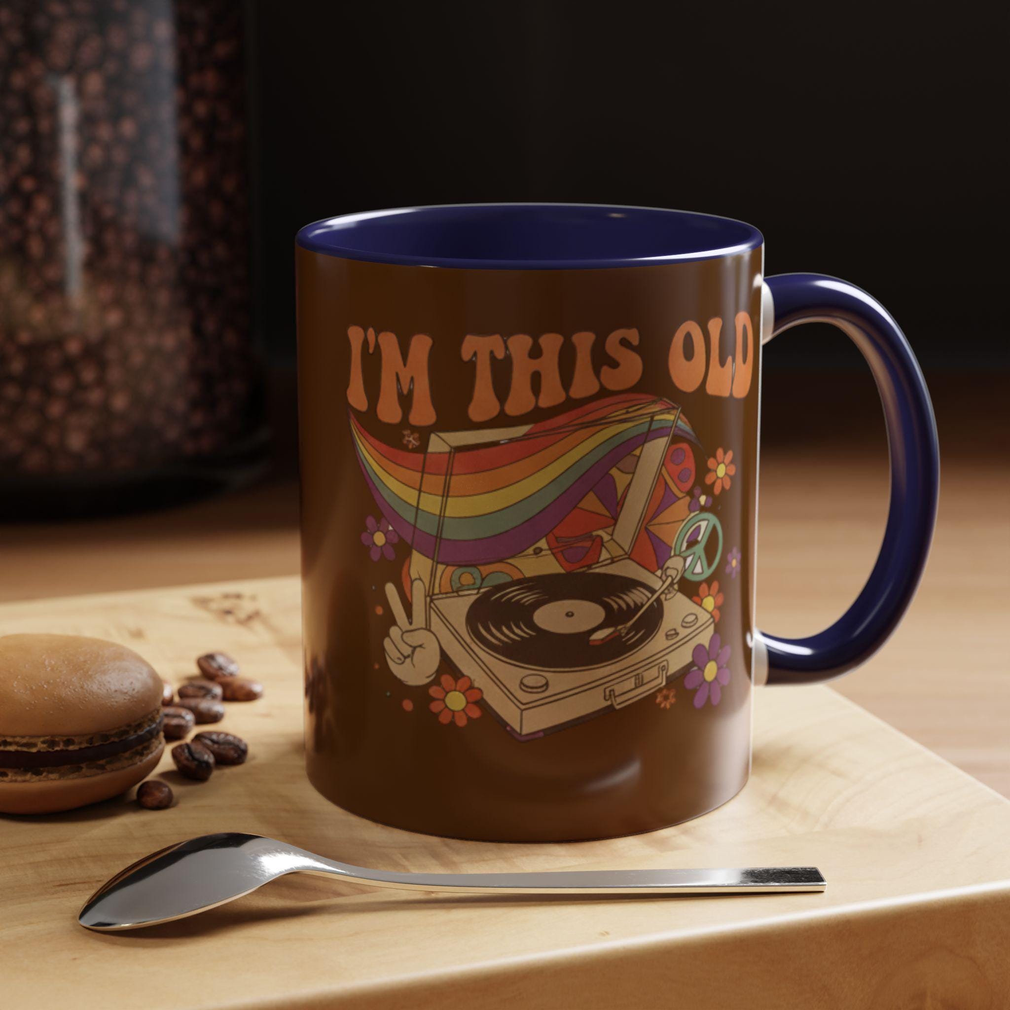 I'm This Old Mug, Retro Record Player, Groovy Coffee Mug, Vintage Gift, Hippie Mug, 70s Theme Mug, Peace Sign, Colorful Rainbow Mug