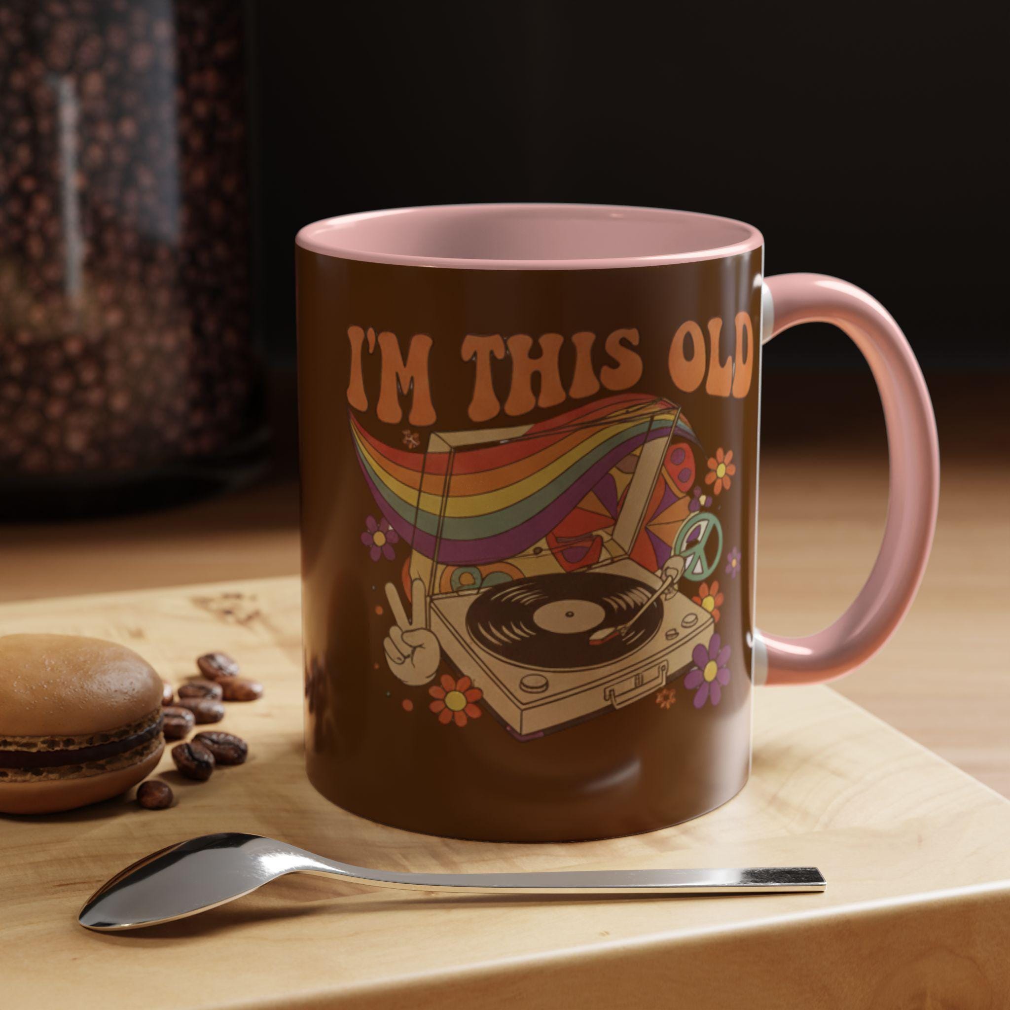 I'm This Old Mug, Retro Record Player, Groovy Coffee Mug, Vintage Gift, Hippie Mug, 70s Theme Mug, Peace Sign, Colorful Rainbow Mug