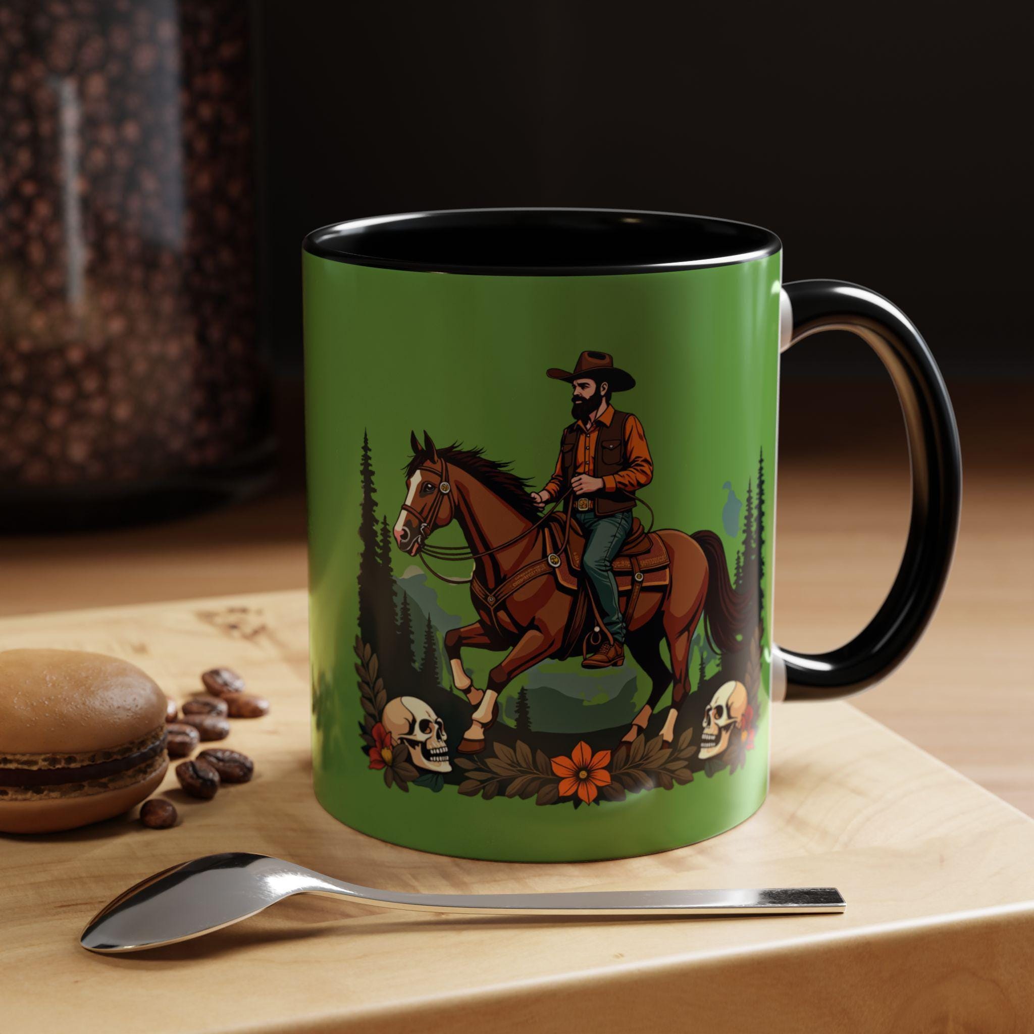 Cowboy Rider Mug, Horse Illustration, Western Style Mug, Skull and Flower Design, Decorative Coffee Mug, Gift for Horse Lovers, Novelty Mug