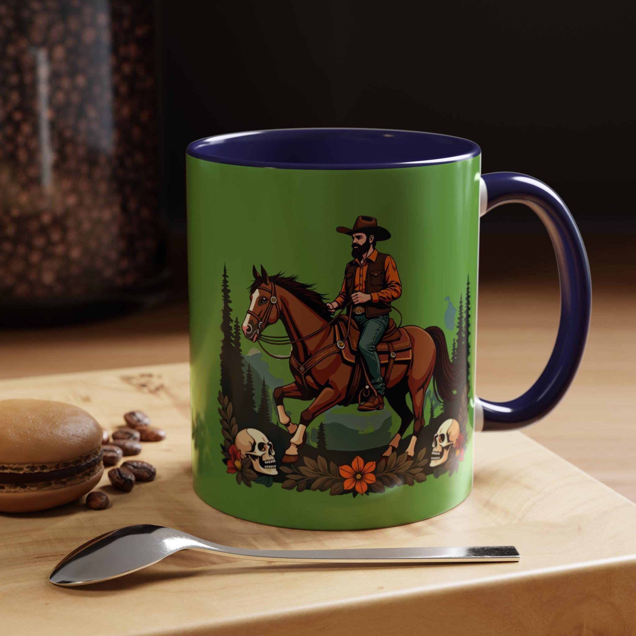 Cowboy Rider Mug, Horse Illustration, Western Style Mug, Skull and Flower Design, Decorative Coffee Mug, Gift for Horse Lovers, Novelty Mug