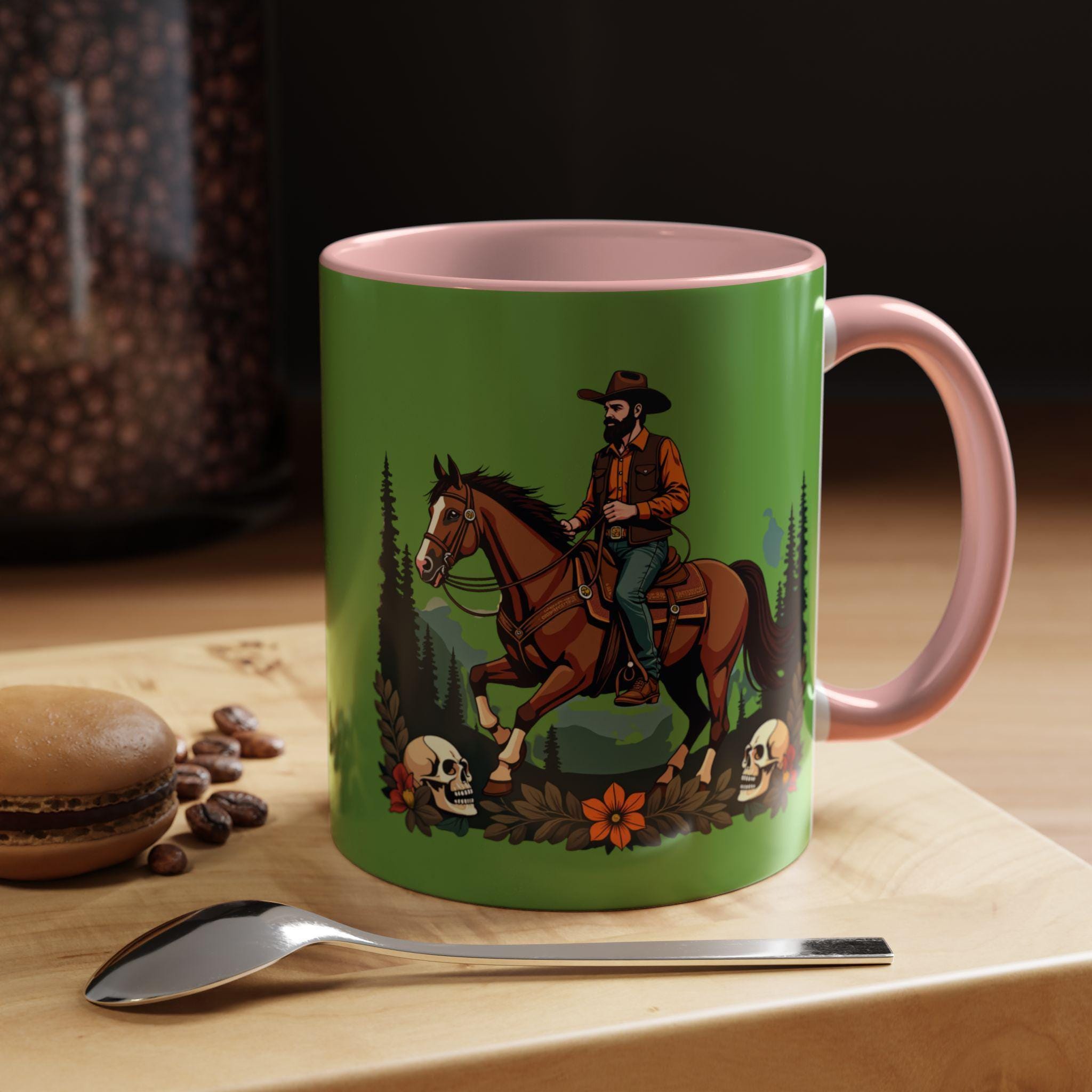 Cowboy Rider Mug, Horse Illustration, Western Style Mug, Skull and Flower Design, Decorative Coffee Mug, Gift for Horse Lovers, Novelty Mug