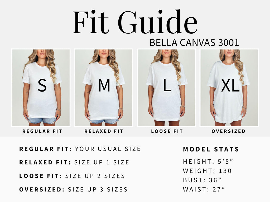 The image is a collage of four images showing different sizes of the same white t-shirt, labeled with the corresponding size and fit.