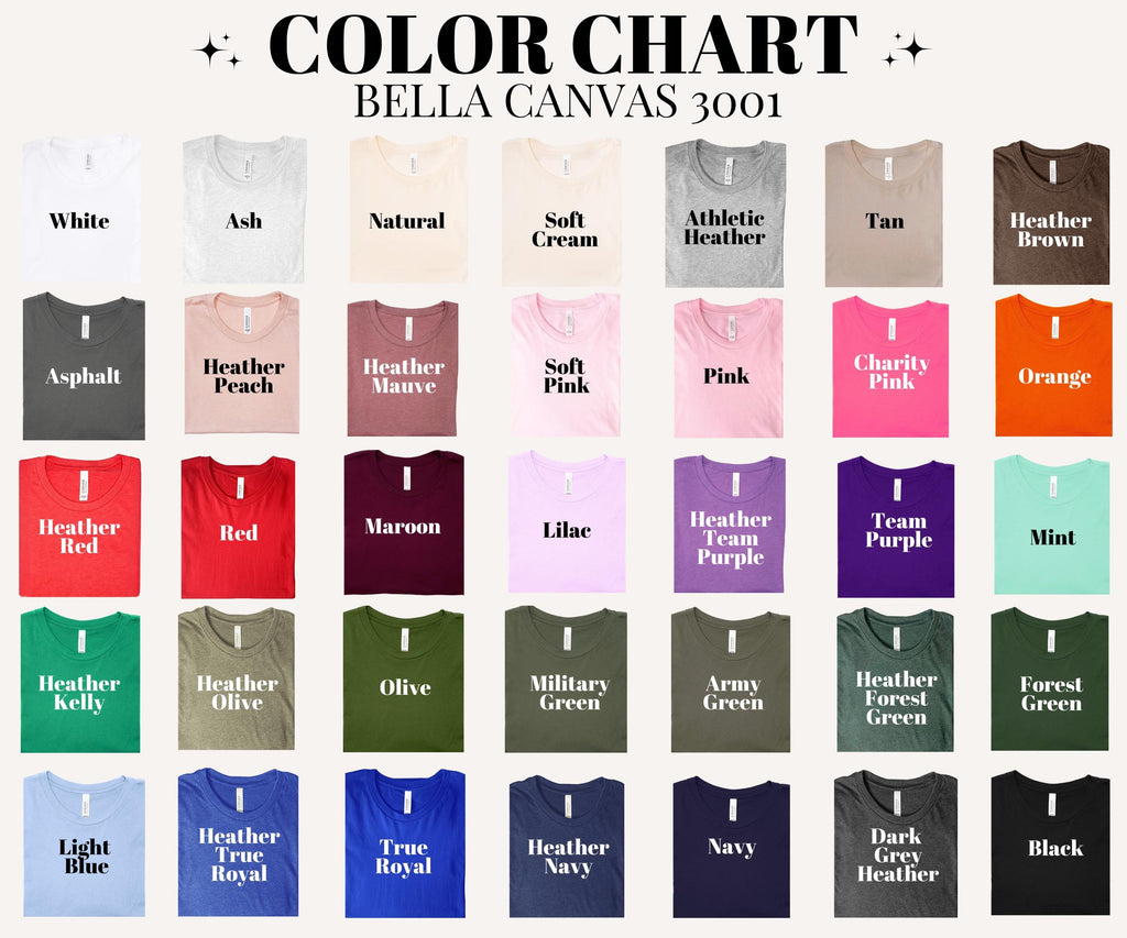 The image is a color chart displaying various t-shirt colors, including white, ash, natural, soft cream, athletic, tan, Heather brown, asphalt, peach, Heather mauve, pink, charity pink, orange, mint, olive, military green, army green, forest green, navy, true royal, olive, navy, gray, Heather, and navy.