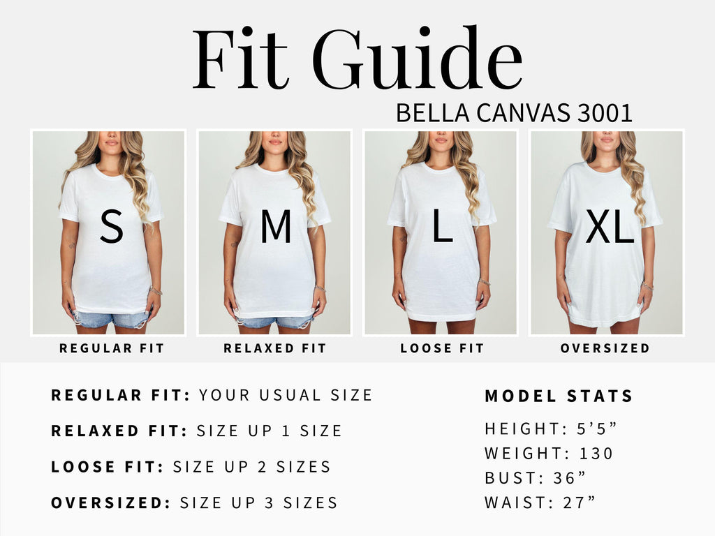 The image is a collage of four images showing different sizes of the same white t-shirt, labeled with the corresponding size and fit.