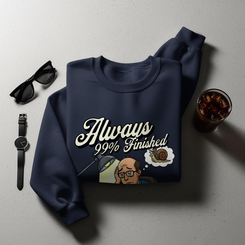 Always 99 Percent Finished Sweatshirt, Funny Snail Work Humor, Graphic Unisex Pullover, Casual Cozy Top, Gift for Coworker