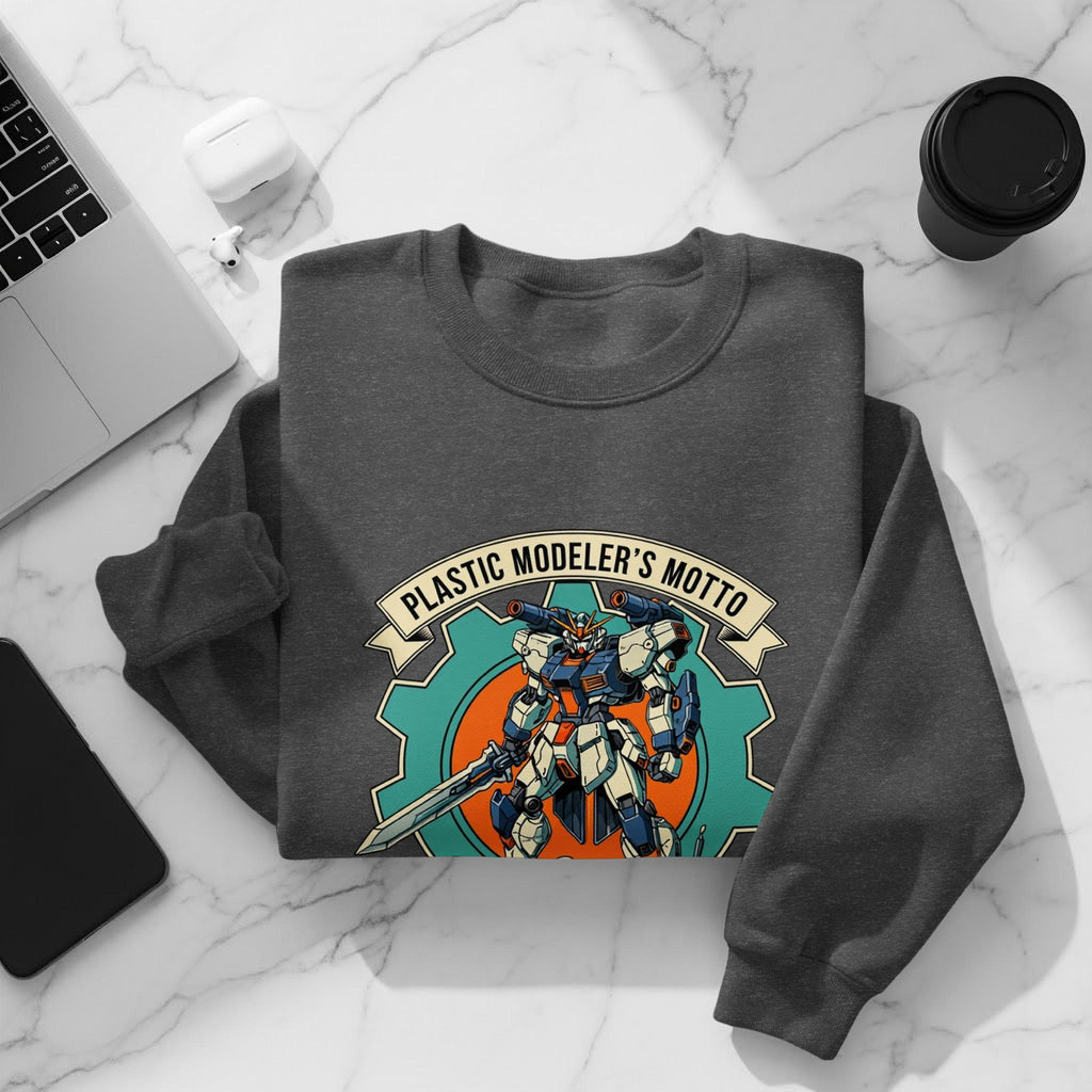 Plastic Modeler's Motto Sweatshirt, Cool Robot Graphic Crewneck, Gift for Model Builders, Fun Geek Apparel for Hobbyists