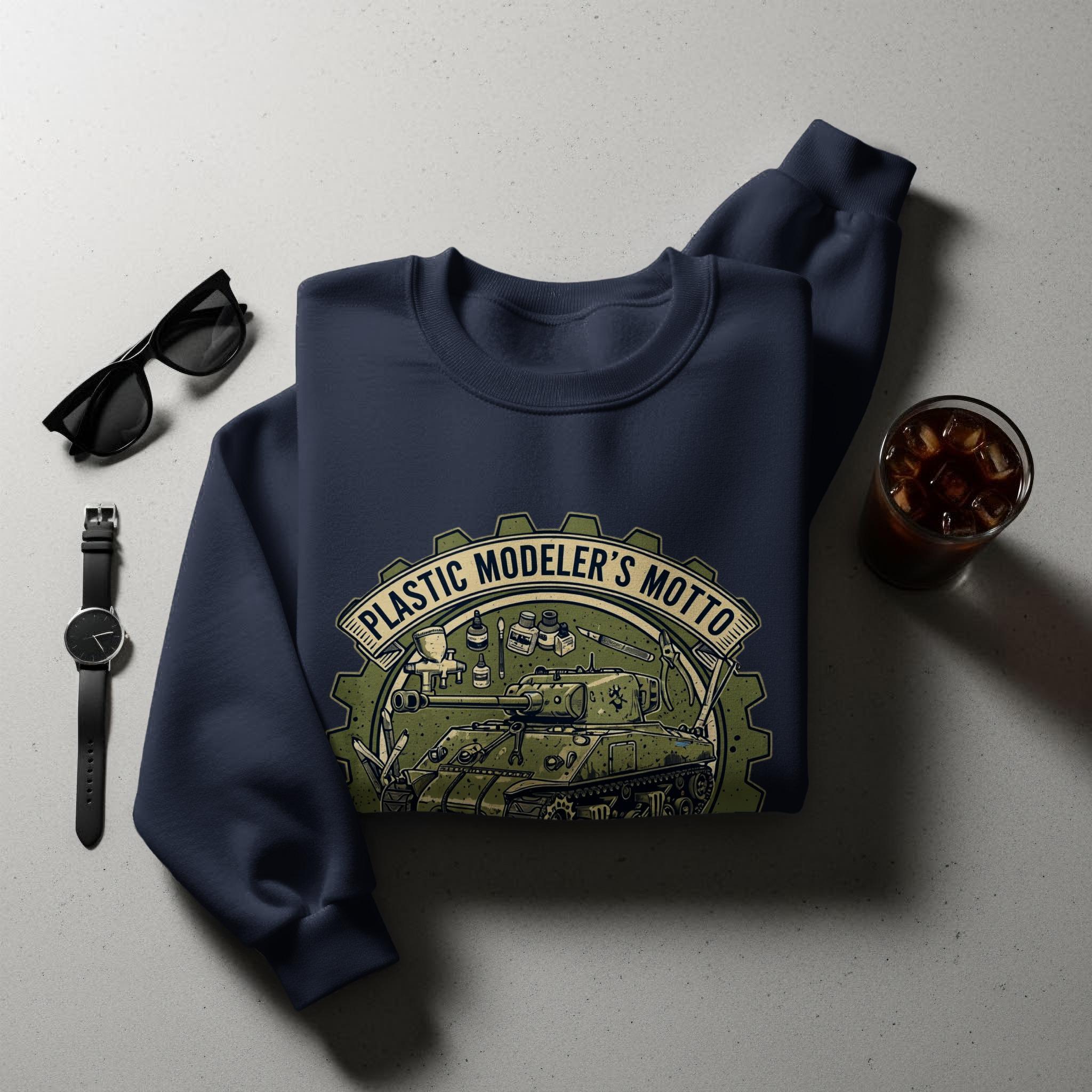 Plastic Modeler's Motto Sweatshirt, Unique Tank Design Pullover, Great Gift for Hobbyists, Comfortable Casual Wear