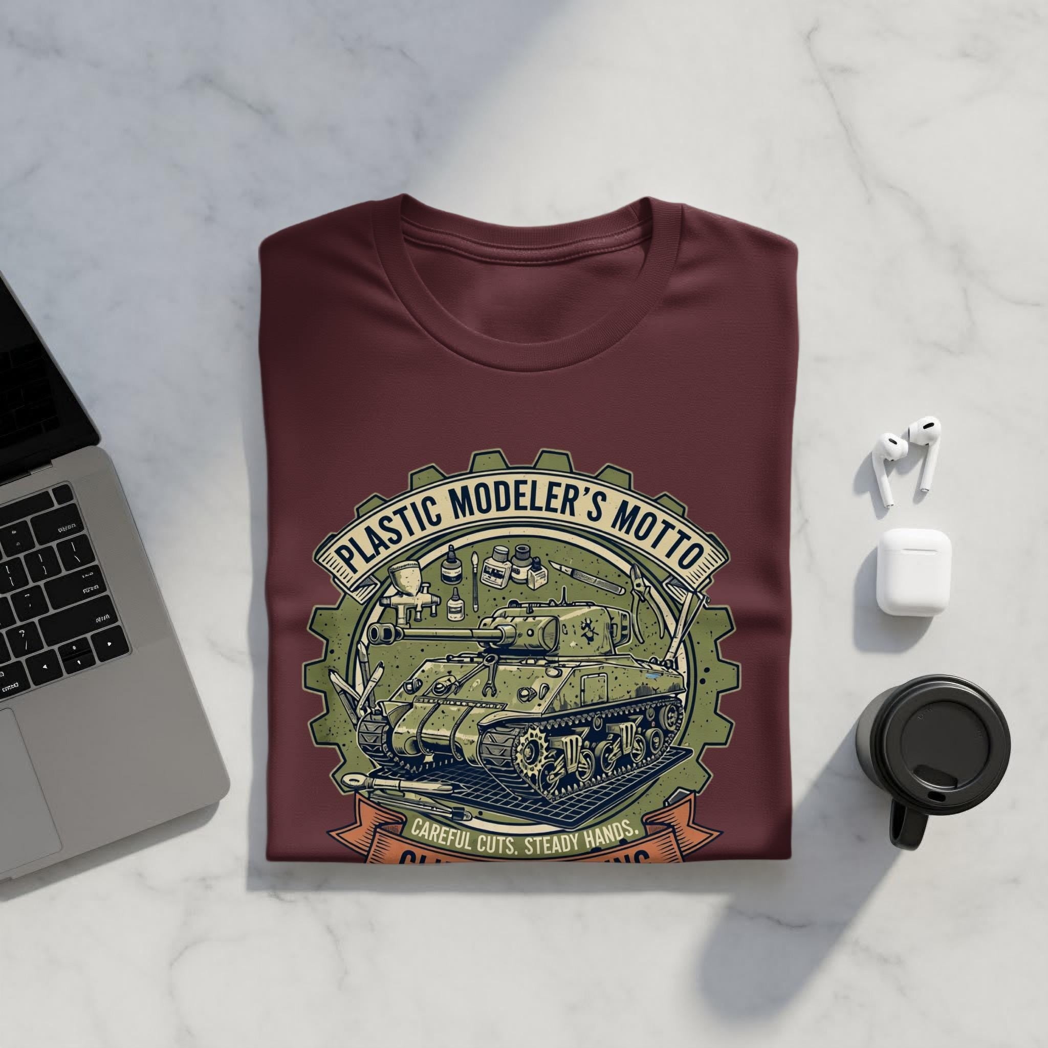 Tank Modeler Shirt, Plastic Modeler's Motto Graphic Tee, Military Hobby Gift, Unique T-Shirt Design, Steady Hands Model Maker Gift