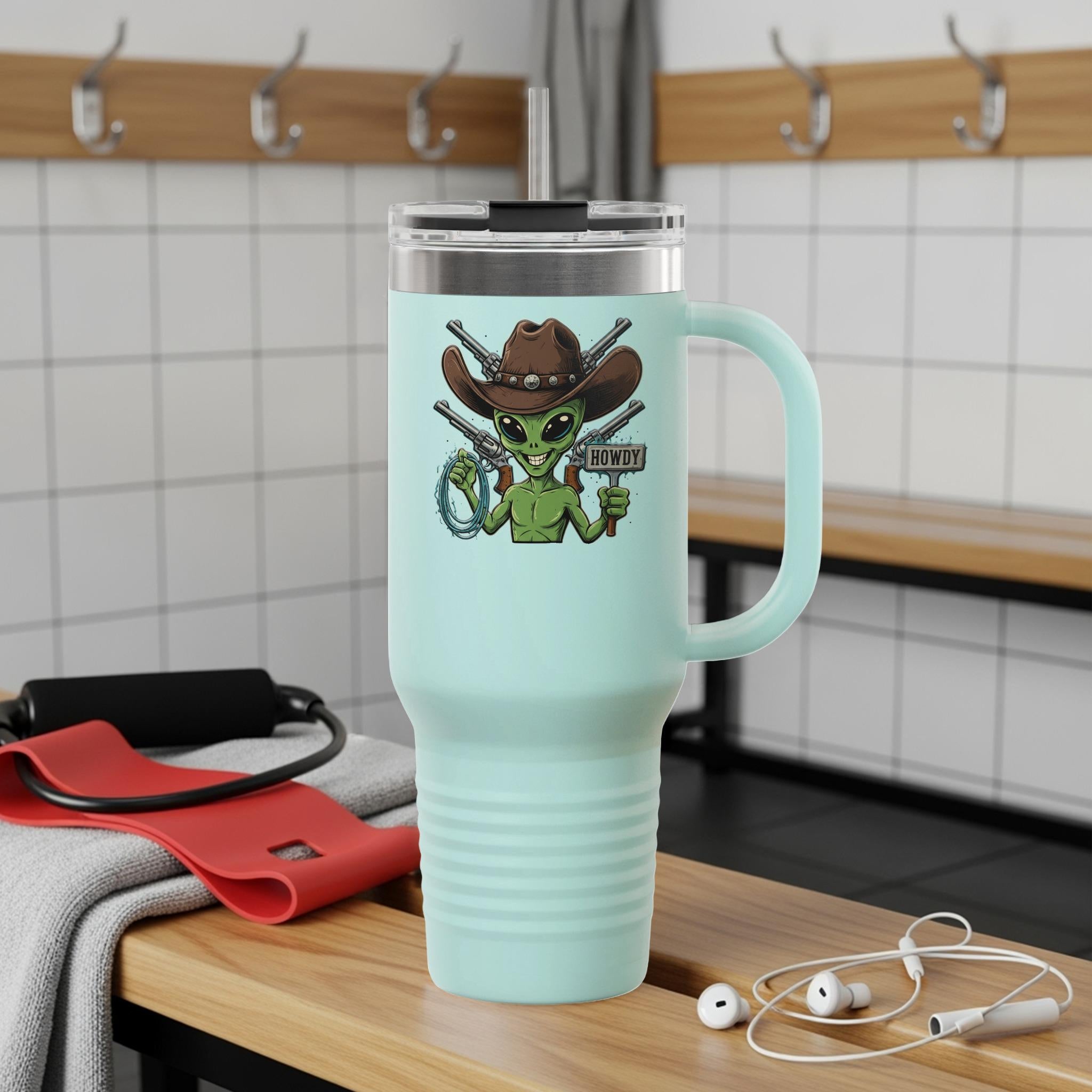 Alien Cowboy Travel Mug, Funny Alien with Lasso Tumbler, Unique Coffee Mug with Handle, Double Wall Insulated Flask