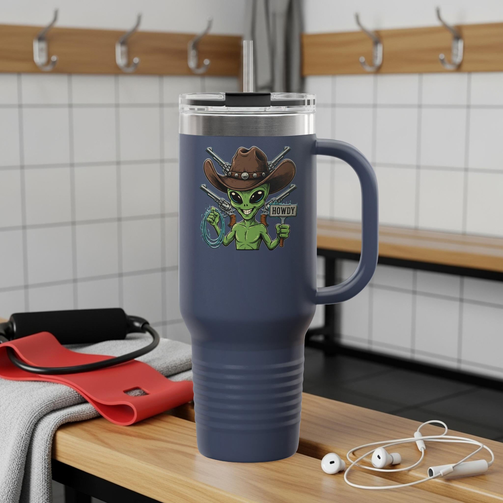 Alien Cowboy Travel Mug, Fun Alien Graphic Tumbler, Cowboy Alien Drinkware, Sci-Fi Lover Gift, Unique Coffee Cup, Alien Themed Mug