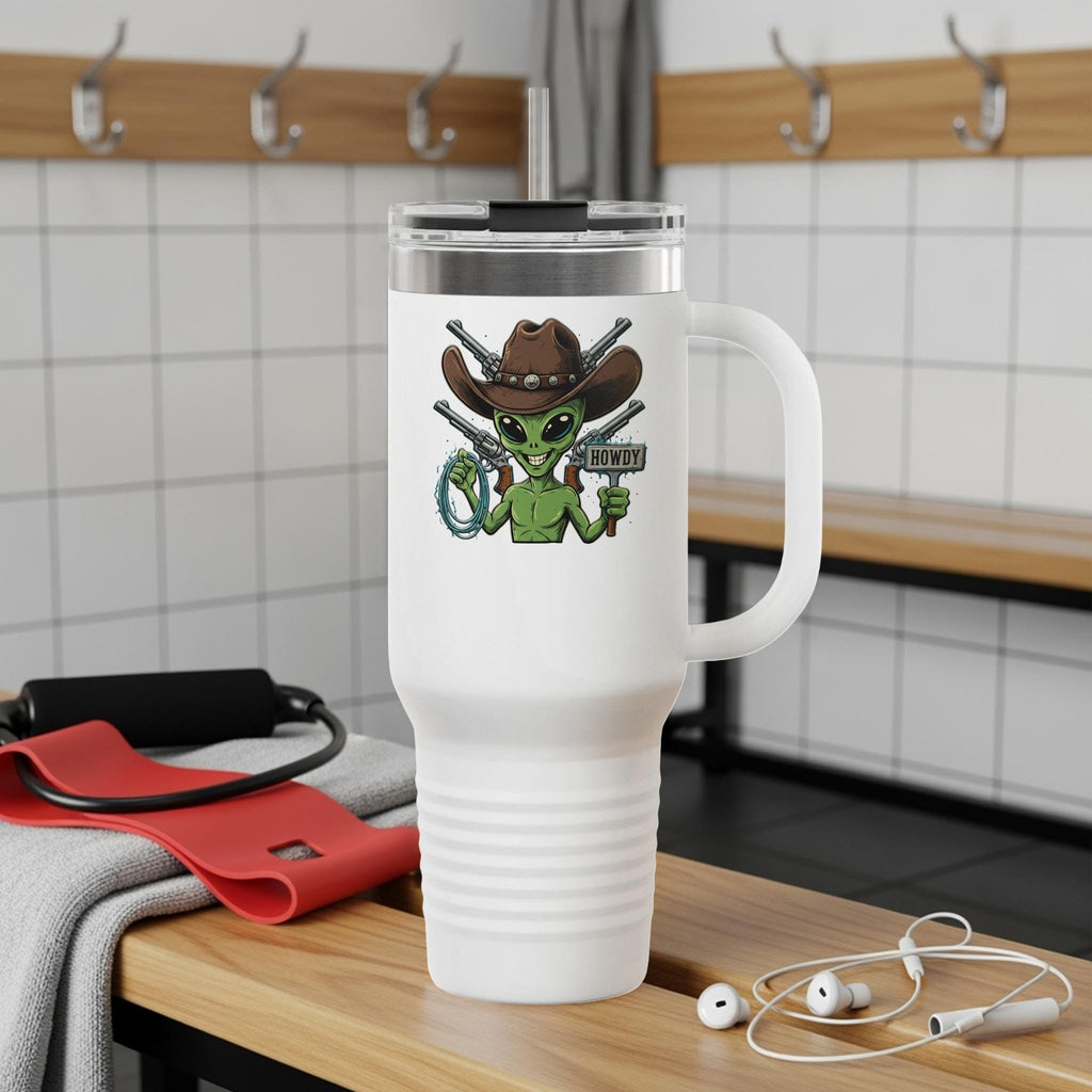 Alien Cowboy Travel Mug, Western Theme Alien Tumbler, Fun Alien Design Coffee Cup, Unique Alien Gift, Large Insulated Mug