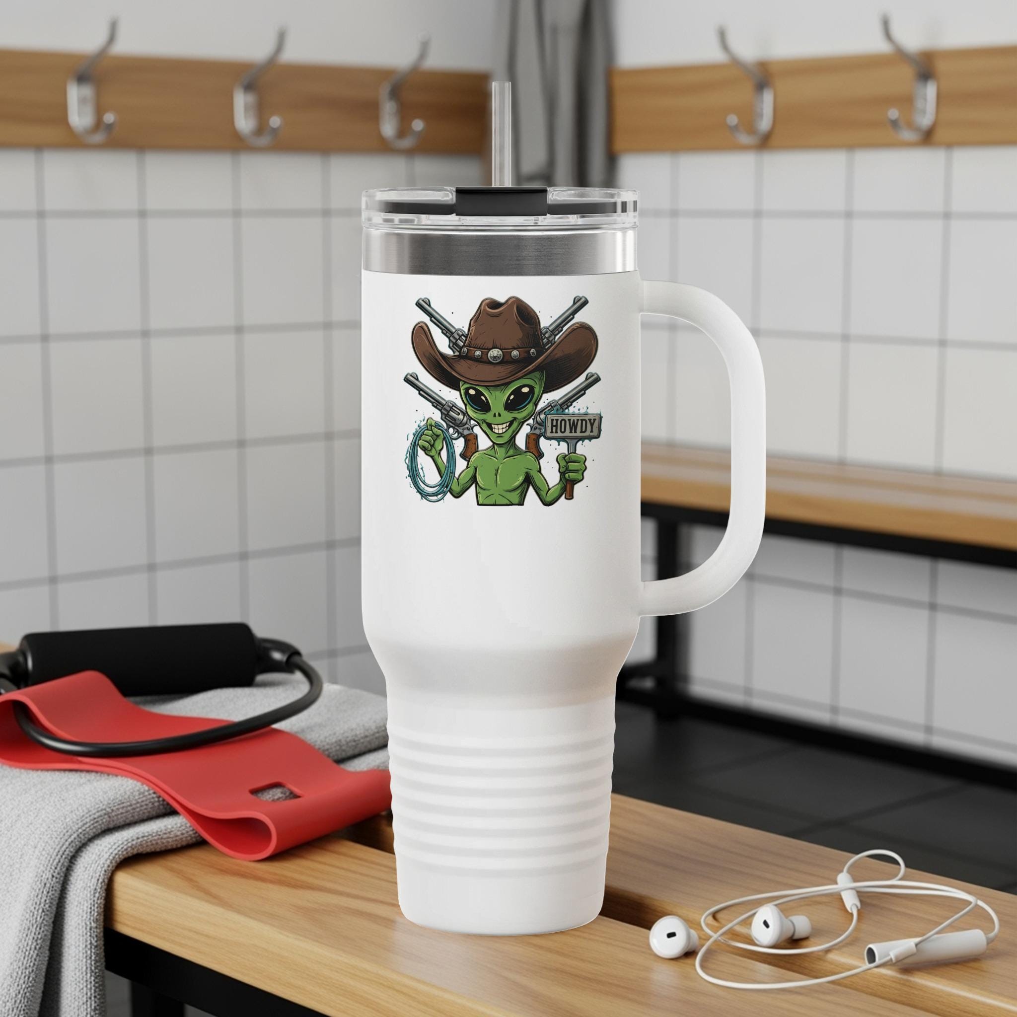 Alien Cowboy Travel Mug, Western Theme Alien Tumbler, Fun Alien Design Coffee Cup, Unique Alien Gift, Large Insulated Mug