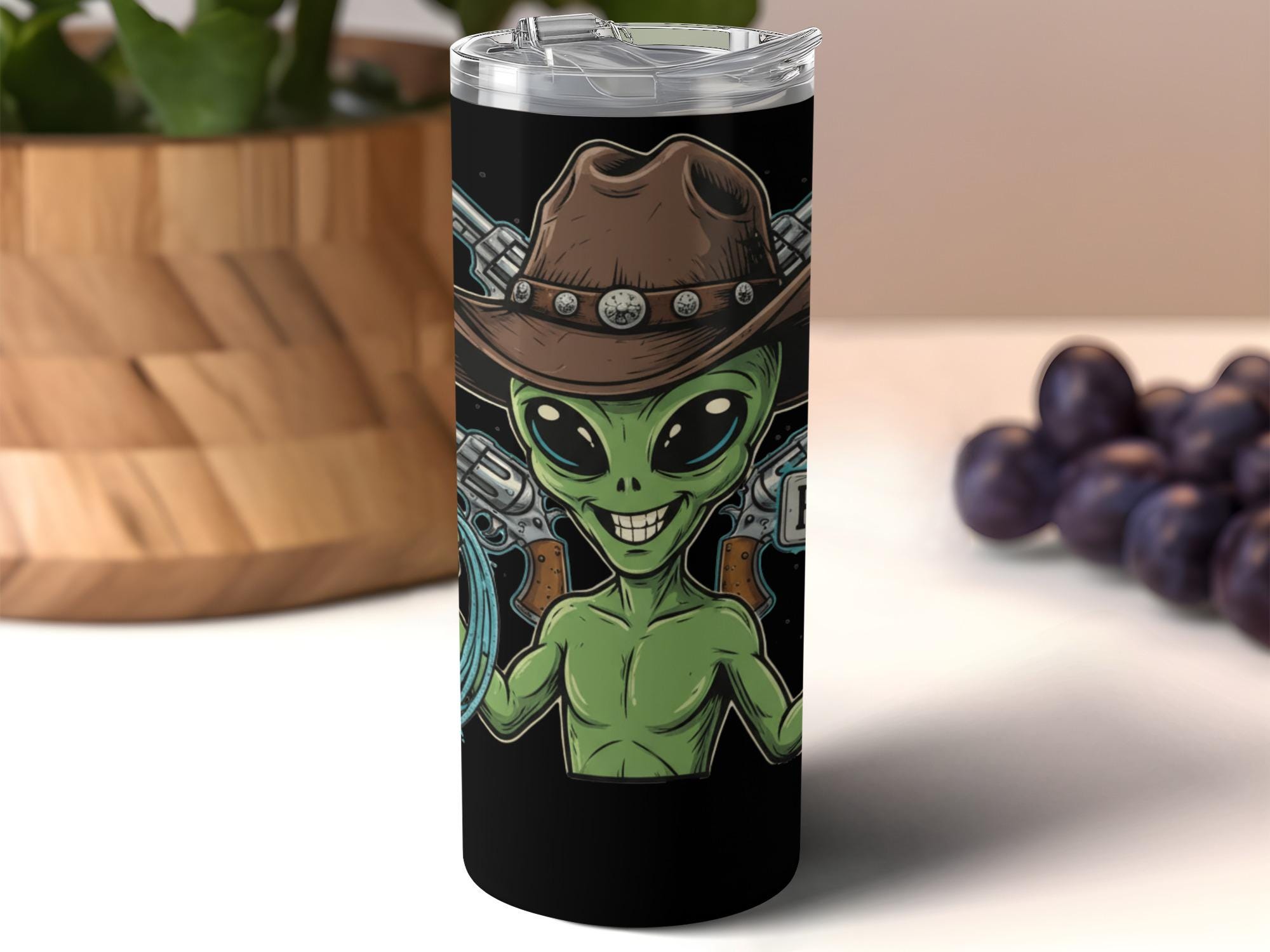 Alien Cowboy Tumbler, Funny Alien Art, Space Themed Drinkware, Unique Gift for Alien Lovers, Cowgirl Alien Cup, Cool Alien Mug