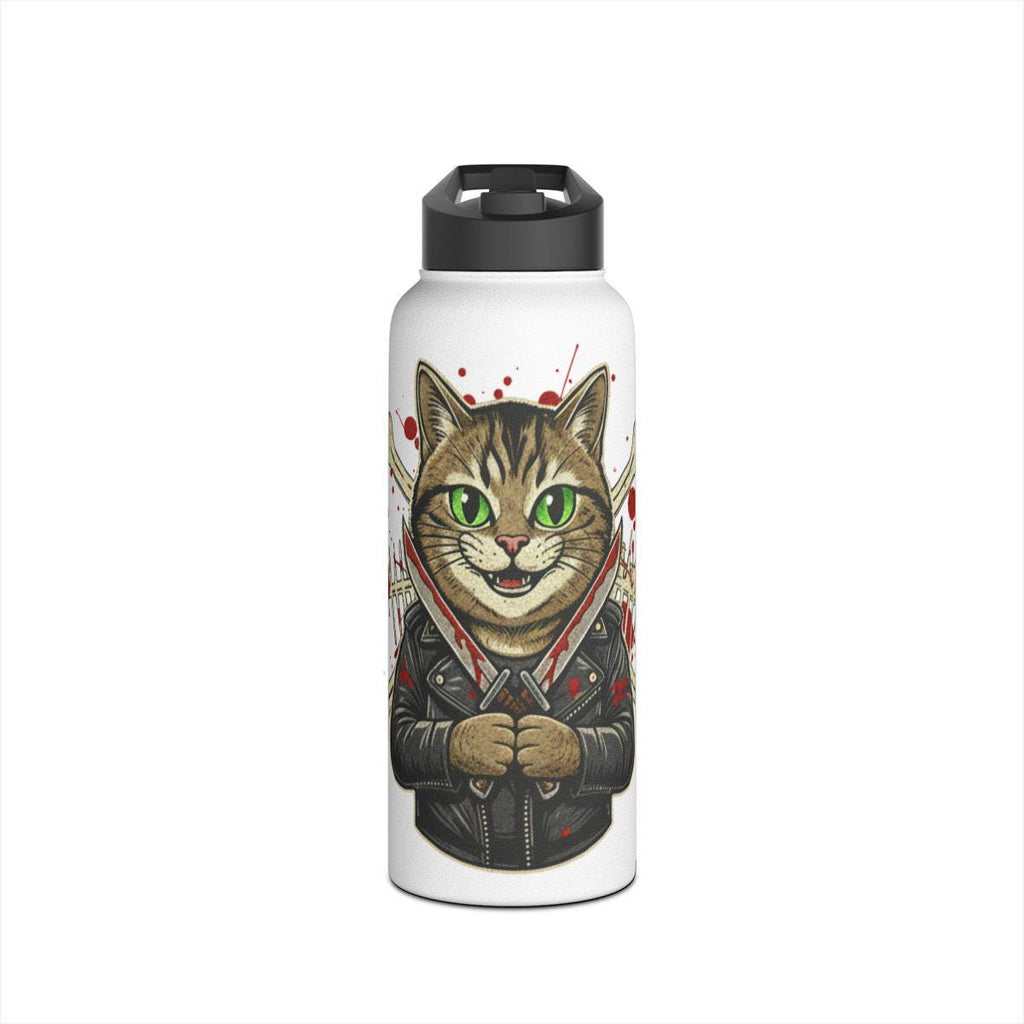 Funny Cat Water Bottle, Cat with Knives Design Water Bottle, Unique Pet Lover Gift, Cool Cat Art, Reusable Insulated Bottle