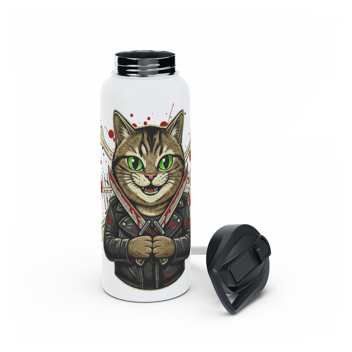 Cat in Leather Jacket Water Bottle, Funny Cat Art Drinkware, Unique Cat Lover Gift, Stainless Steel Cat Flask, Cute Kitty Bottle