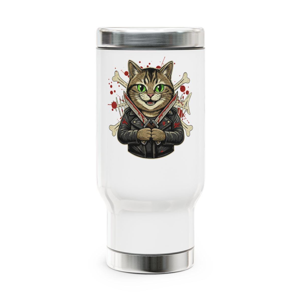 Cat Lover Travel Mug, Funny Cat Gift, Cat With Jacket, Cute Cat Art, Unique Cat Tumbler, Cat Print Stainless Steel Mug