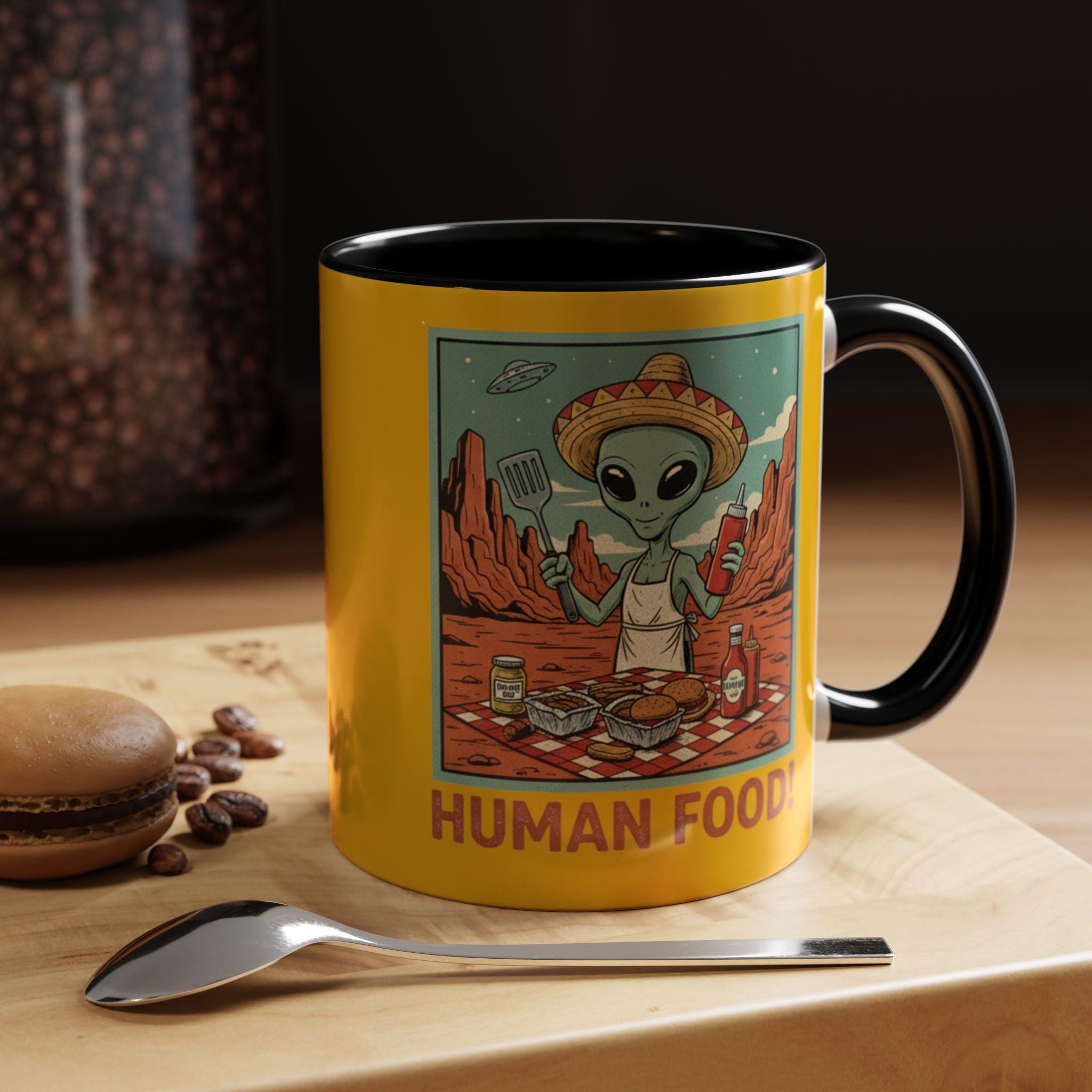Alien Chef Mug, Funny Alien Mug, Human Food Mug, Space Mug, Novelty Gift Mug, BBQ Mug, Alien BBQ Gift, Cartoon Mug, Unique Mug