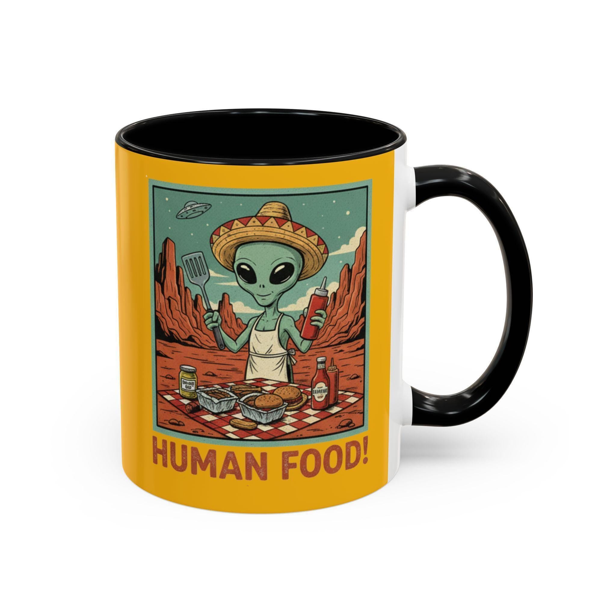 Alien Chef Mug, Funny Alien Mug, Human Food Mug, Space Mug, Novelty Gift Mug, BBQ Mug, Alien BBQ Gift, Cartoon Mug, Unique Mug