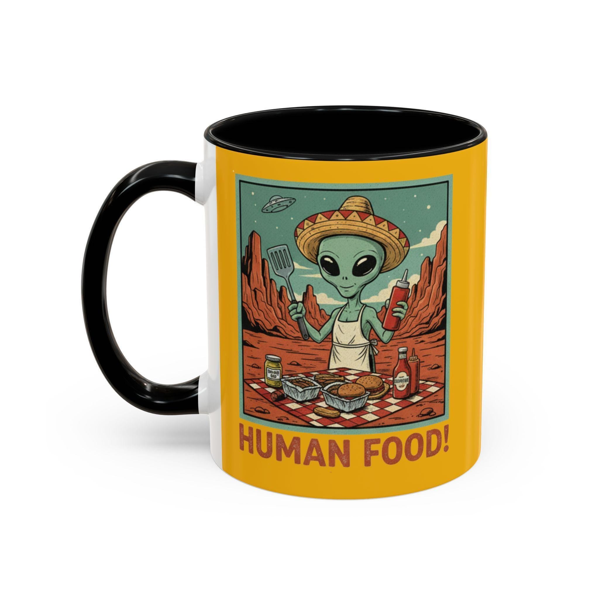 Alien Chef Mug, Funny Alien Mug, Human Food Mug, Space Mug, Novelty Gift Mug, BBQ Mug, Alien BBQ Gift, Cartoon Mug, Unique Mug
