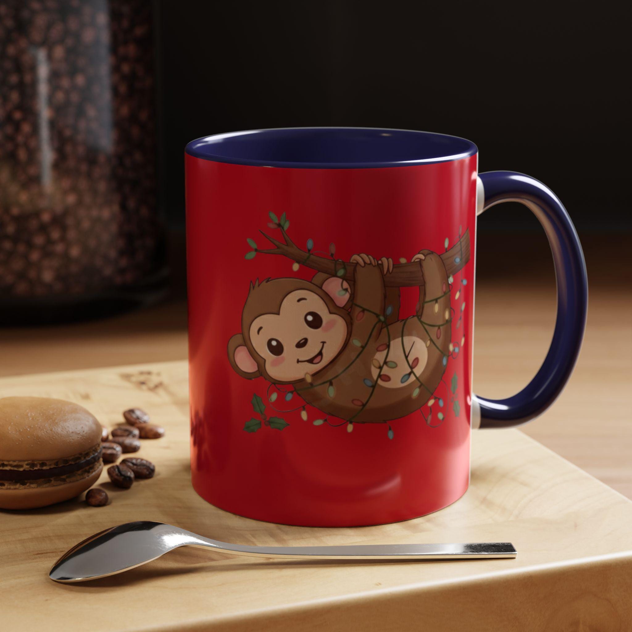 Cute Monkey Mug, Hanging Sloth, Christmas Lights, Funny Animal Coffee Mug, Gift Idea