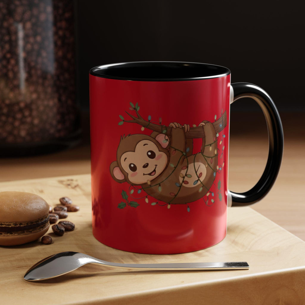 Cute Monkey Mug, Hanging Sloth, Christmas Lights, Funny Animal Coffee Mug, Gift Idea