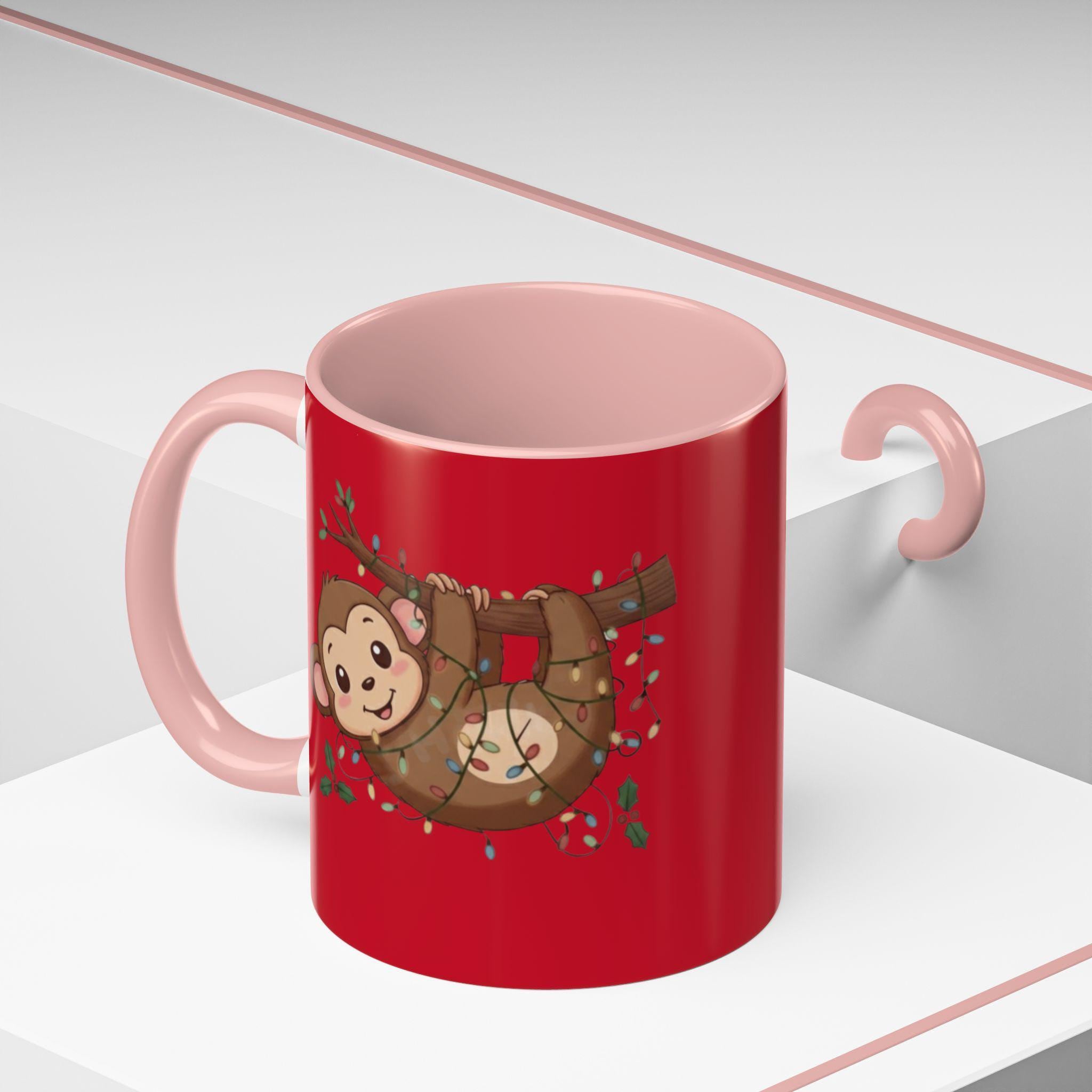 Cute Monkey Mug, Hanging Sloth, Christmas Lights, Funny Animal Coffee Mug, Gift Idea