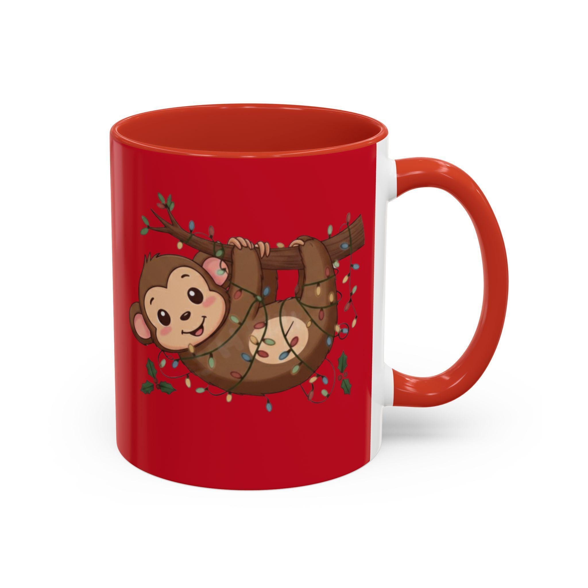 Cute Monkey Mug, Hanging Sloth, Christmas Lights, Funny Animal Coffee Mug, Gift Idea