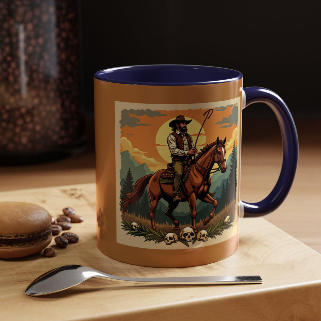 Cowboy Rider Mug, Western Art Mug, Horse Lover Gift, Skull Accent Mug, Unique Coffee Cup, Wild West Design Mug, Rider Coffee Mug, Western