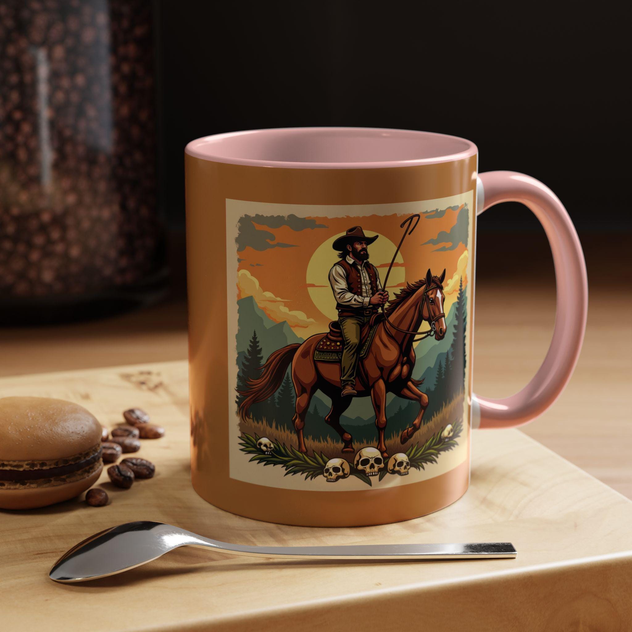 Cowboy Rider Mug, Western Art Mug, Horse Lover Gift, Skull Accent Mug, Unique Coffee Cup, Wild West Design Mug, Rider Coffee Mug, Western