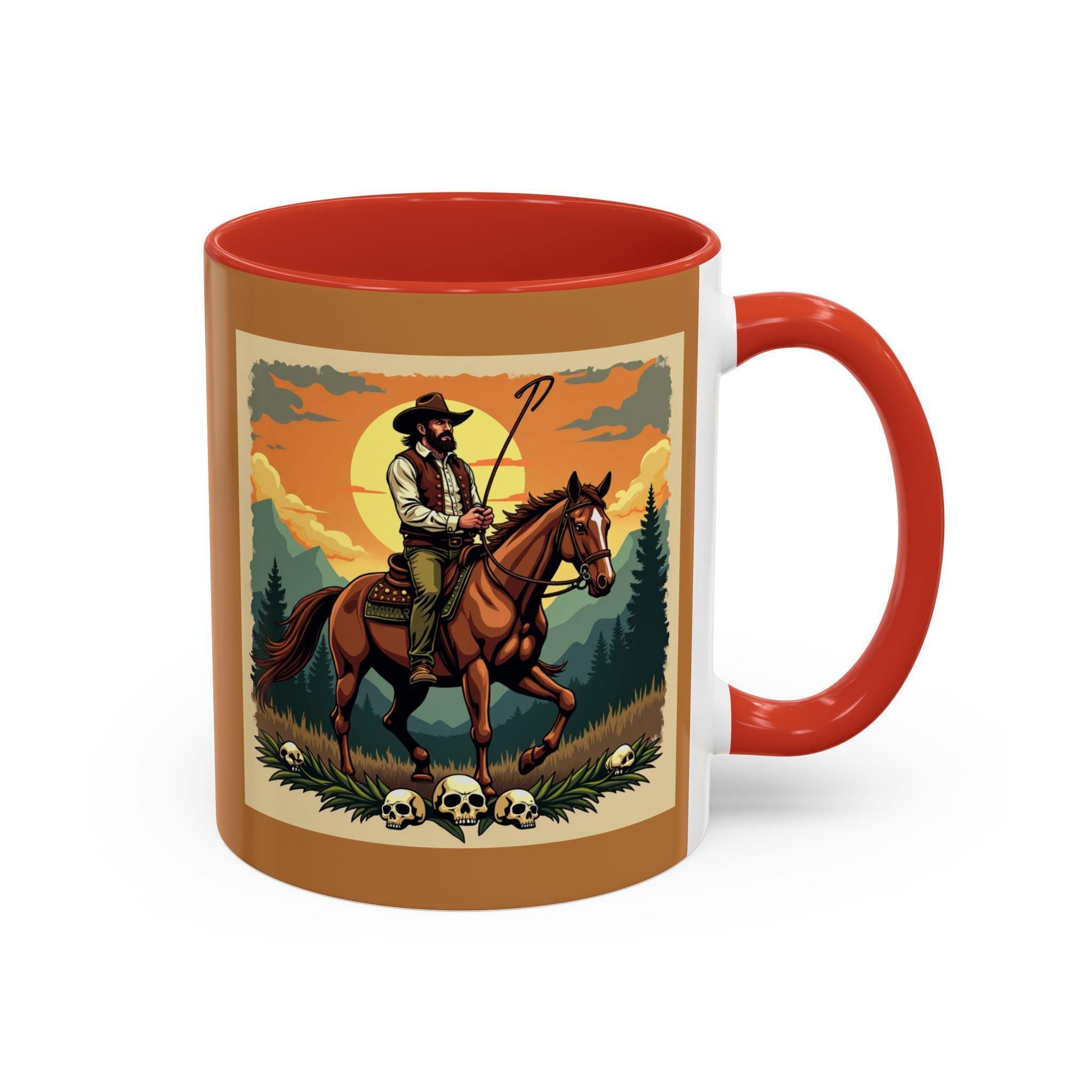 Cowboy Rider Mug, Western Art Mug, Horse Lover Gift, Skull Accent Mug, Unique Coffee Cup, Wild West Design Mug, Rider Coffee Mug, Western