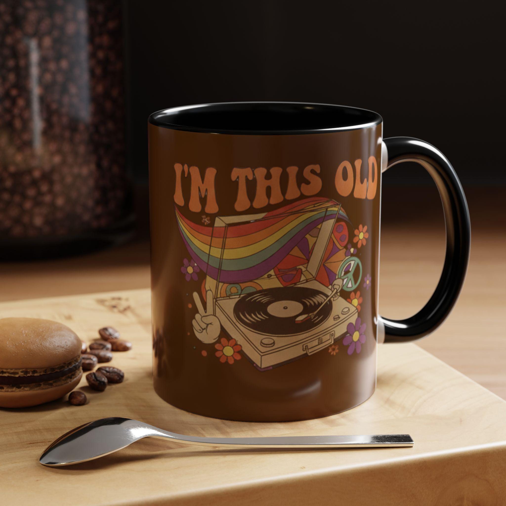 I'm This Old Mug, Retro Record Player, Groovy Coffee Mug, Vintage Gift, Hippie Mug, 70s Theme Mug, Peace Sign, Colorful Rainbow Mug