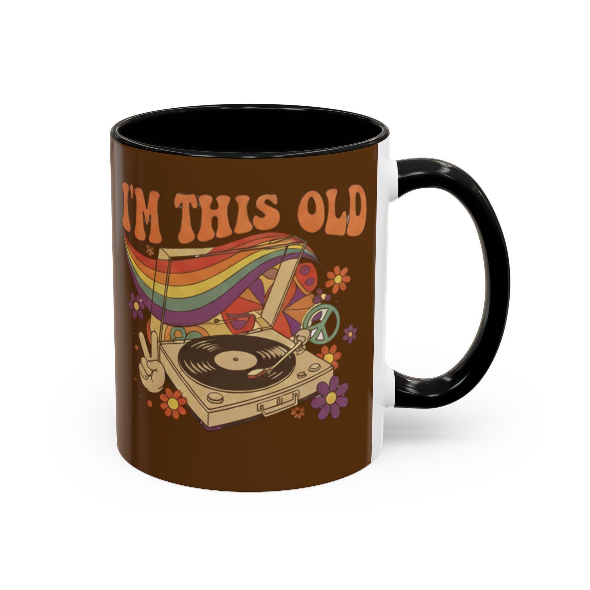 I'm This Old Mug, Retro Record Player, Groovy Coffee Mug, Vintage Gift, Hippie Mug, 70s Theme Mug, Peace Sign, Colorful Rainbow Mug