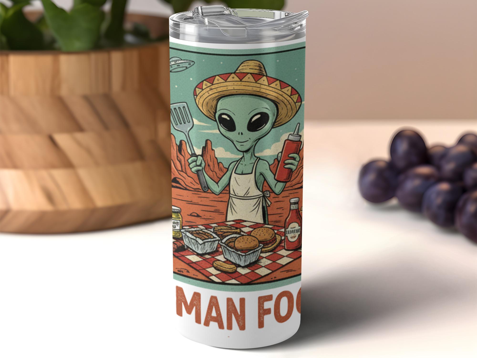Funny Alien Tumbler, Cute Alien Holding BBQ Tumbler, Outer Space Kitchen Decor, Retro Alien Illustration, Unique Gift for Alien Lovers