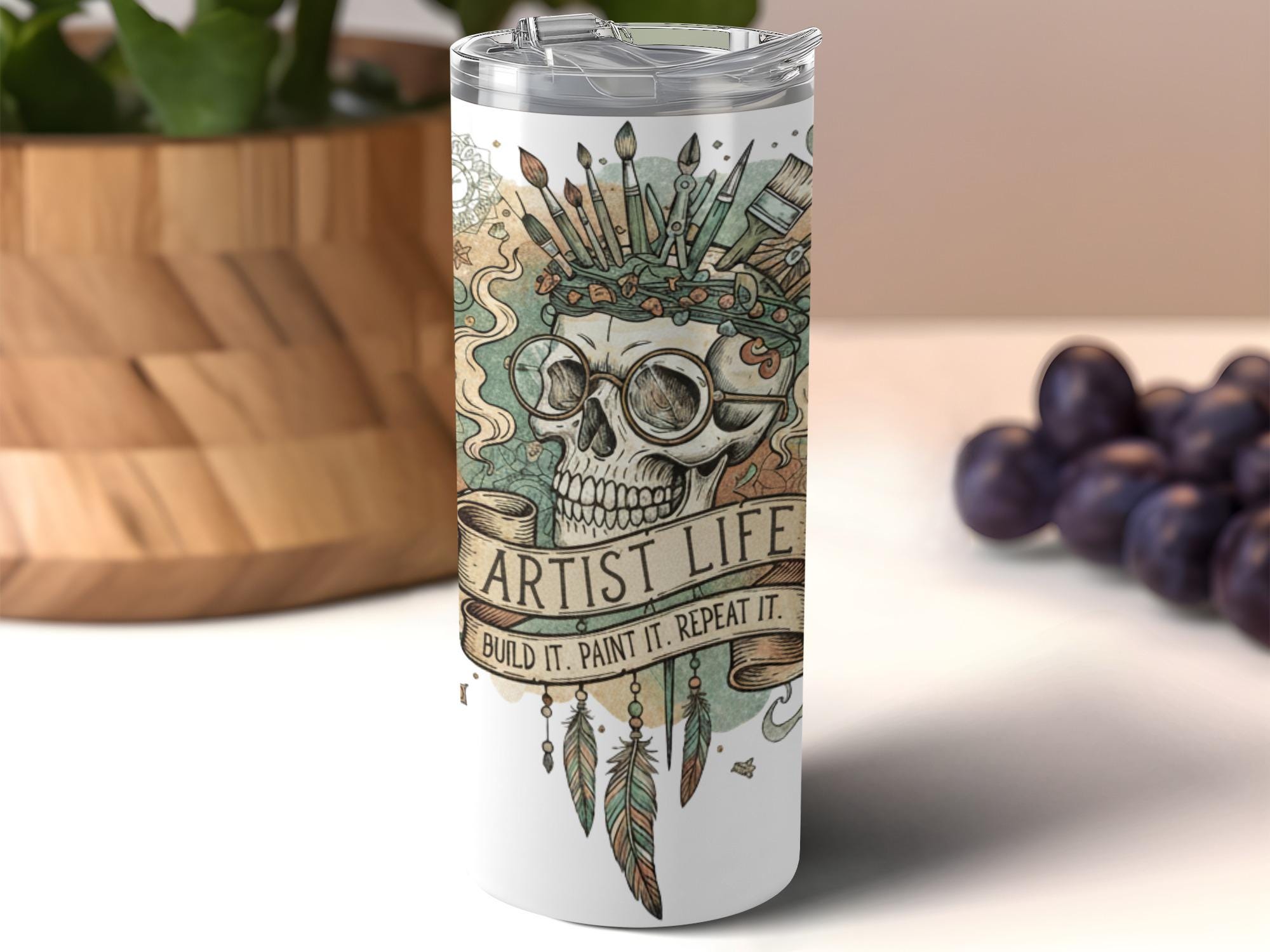 Skull Art Artist Life Tumbler, Unique Painter Gift, Creative Artistic Design, Build It Paint It Repeat It, Art Supplies Motif
