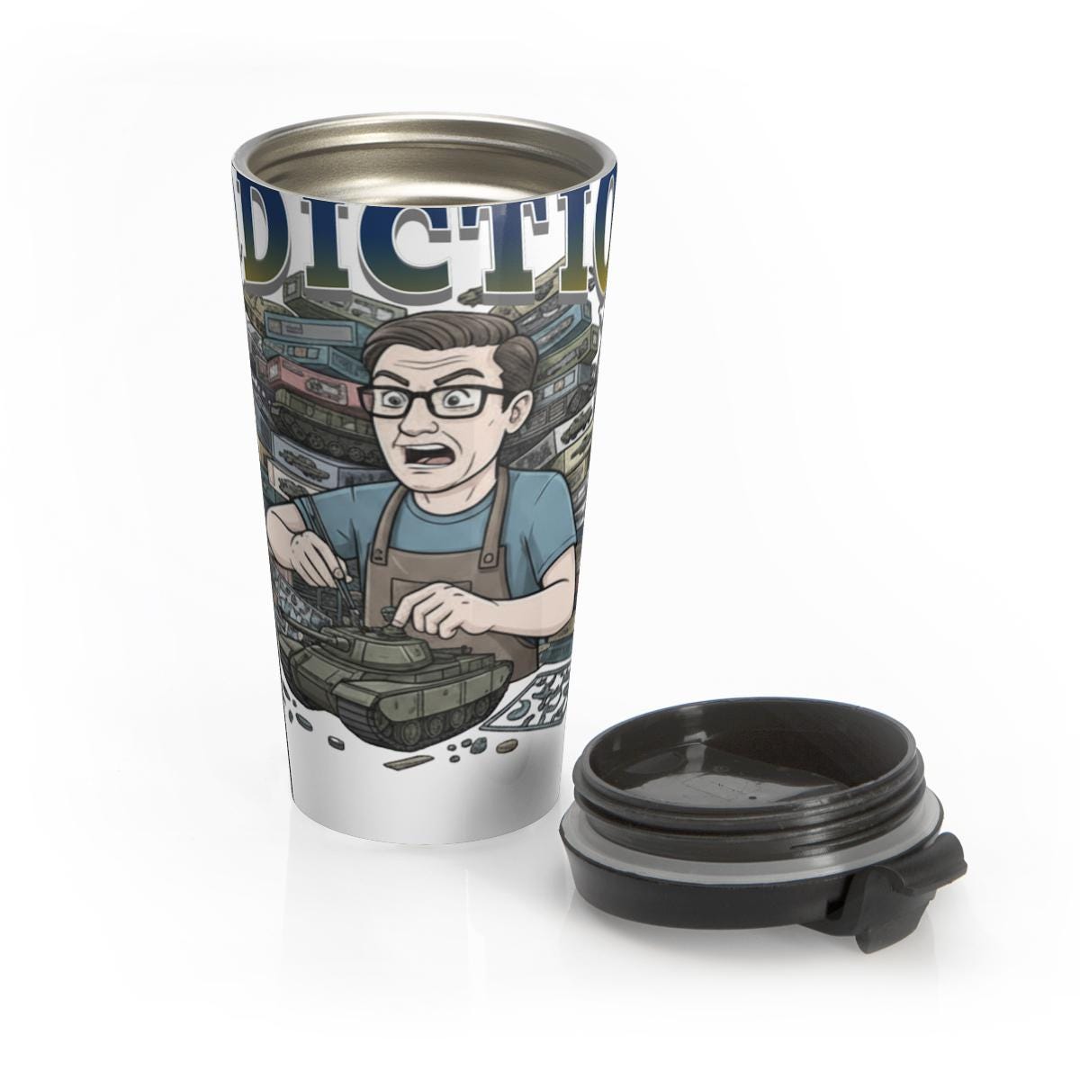 Travel mug with funny cartoon design, coffee thermos tumbler, unique gift for coworkers, humorous drinkware, 16 oz capacity