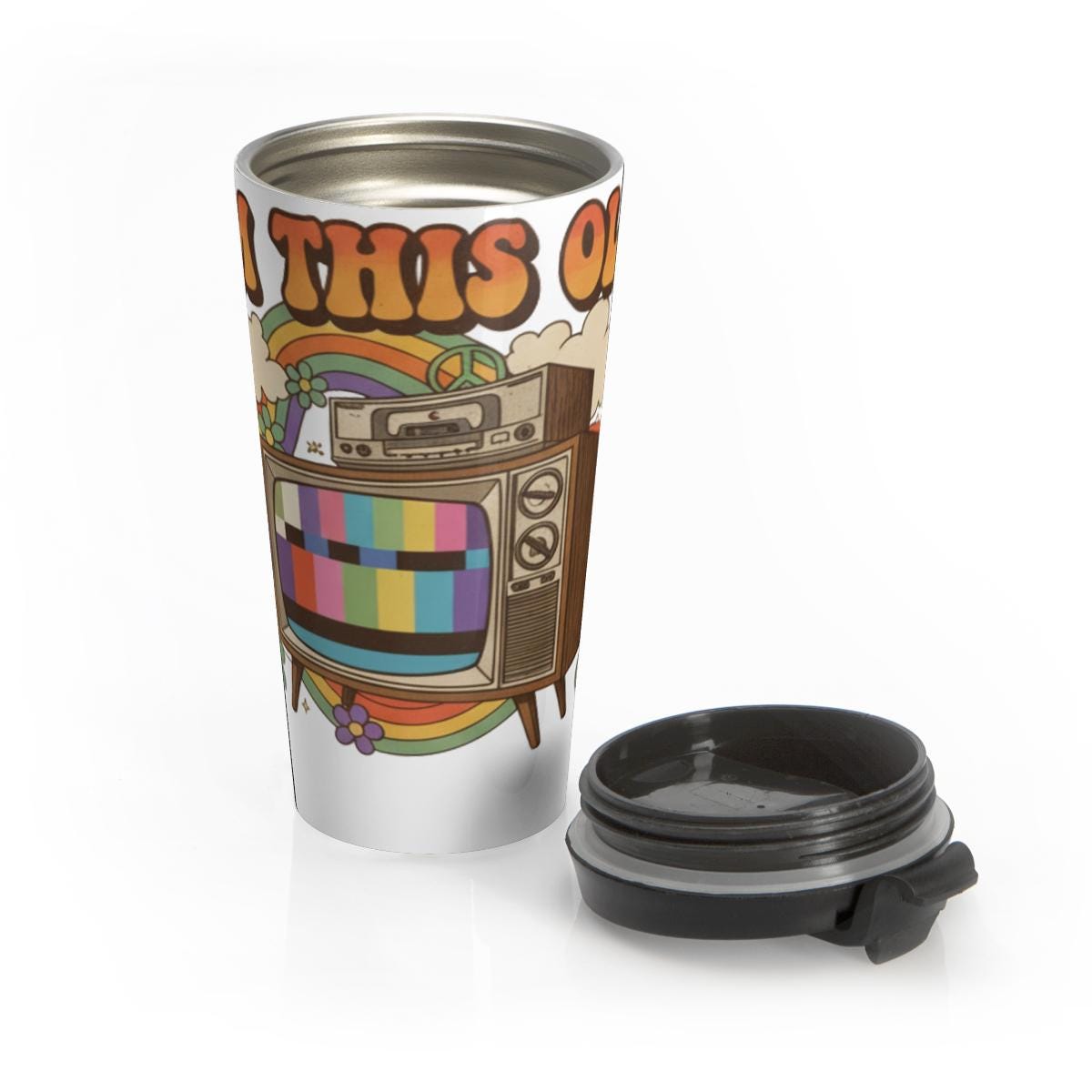 Retro TV Travel Mug, Vintage Television Tumbler, Nostalgic Colorful Coffee Cup, Hippie Style Drinkware, Unique Gift for TV Lovers