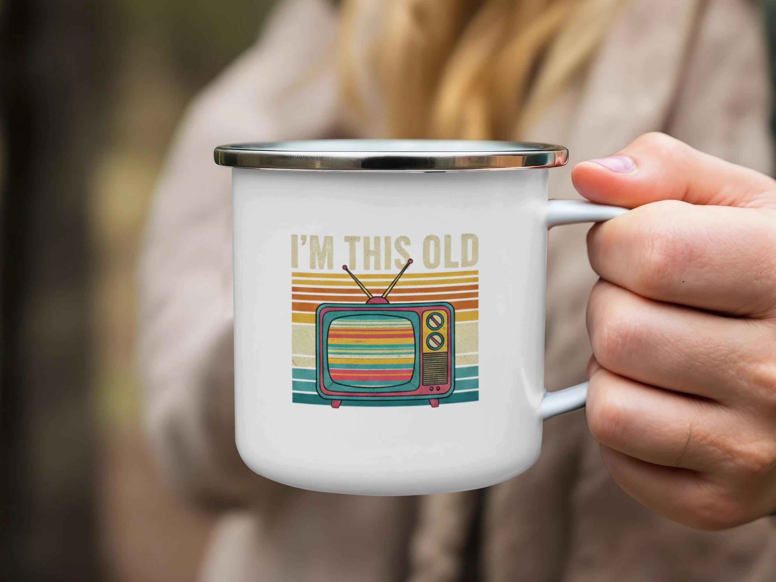 Vintage TV Mug, I'm This Old Enamel Mug, Retro Television Design, Funny Nostalgic Gift, Perfect for Coffee Lovers, Unique Gift Idea