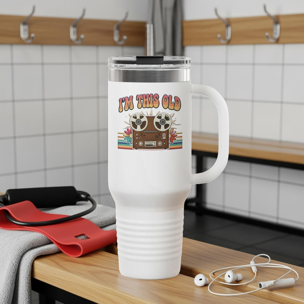 Retro I'm This Old Travel Mug, Funny Tape Recorder Design, Vintage Style Gift for Music Lovers, Unique Retro Collectible Cup