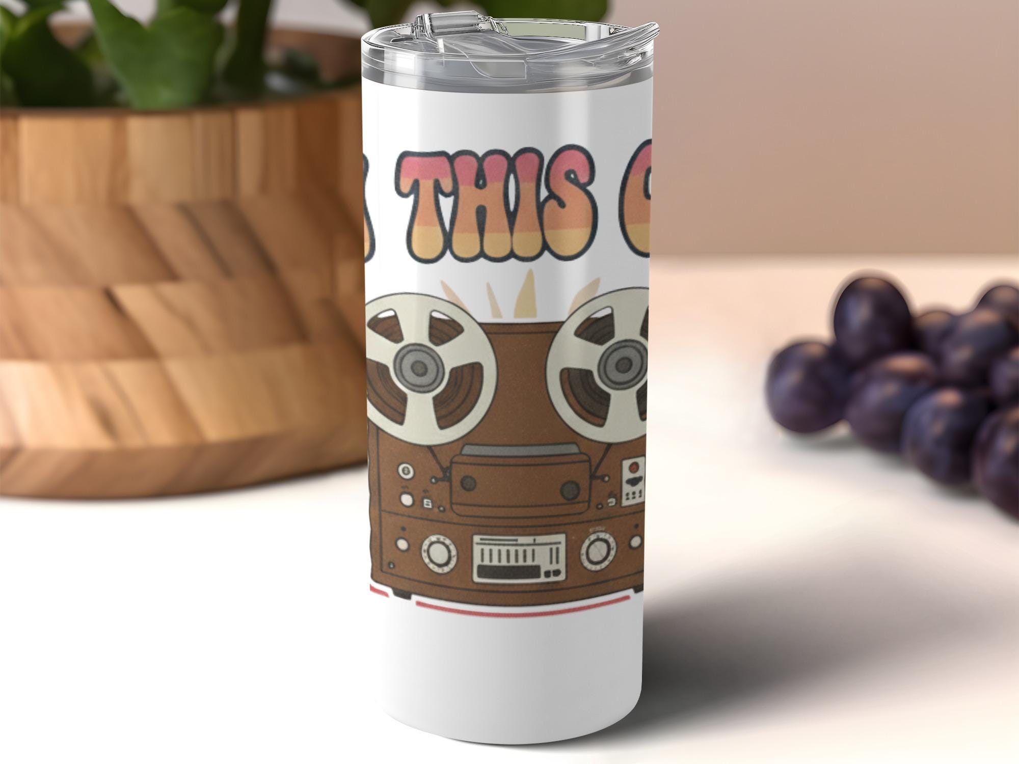 Vintage Tape Recorder Tumbler, Drinkware with Retro Design, Unique Coffee Tumbler, Music Lover Gift, Cool Audiophile Stainless Steel Cup
