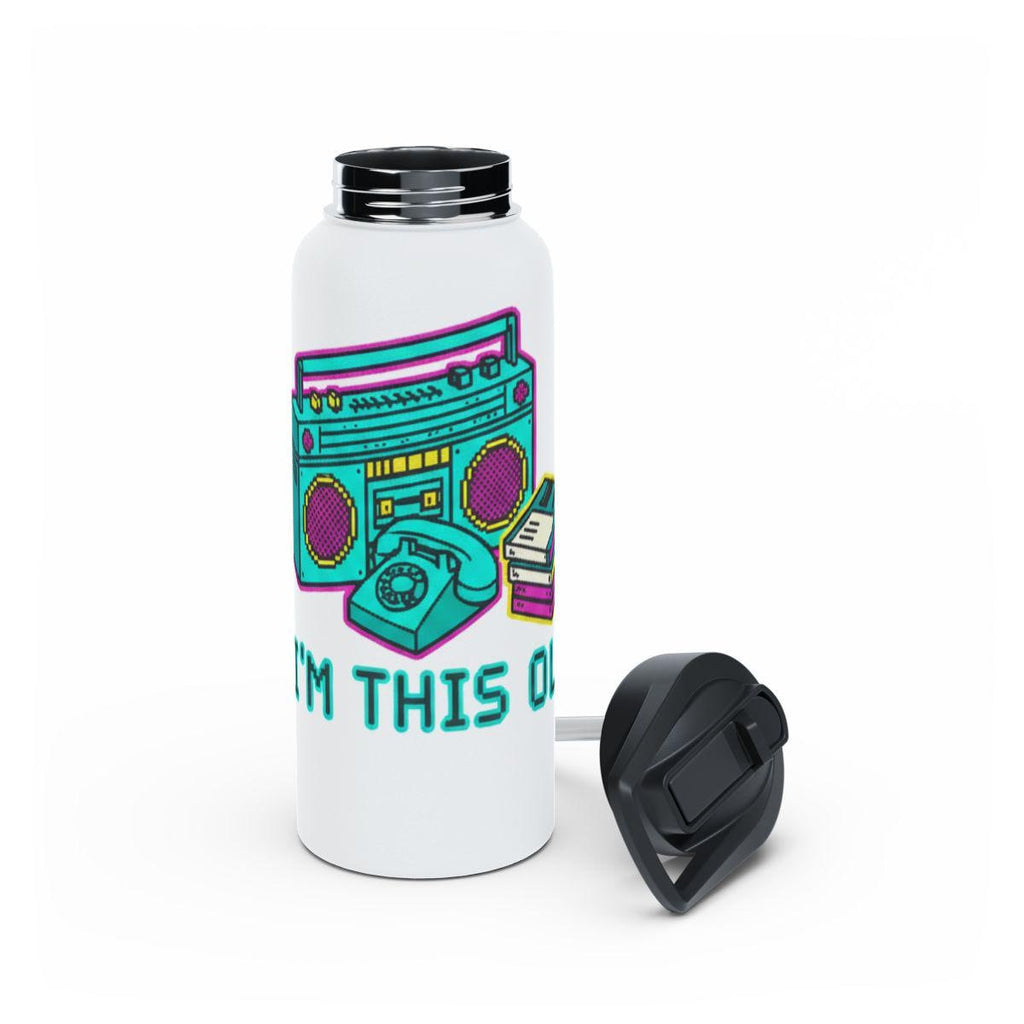 Retro Boombox and Rotary Phone Design Water Bottle, Vintage - I'm This Old, Funny Gift for Friends, 32 oz, White Flask